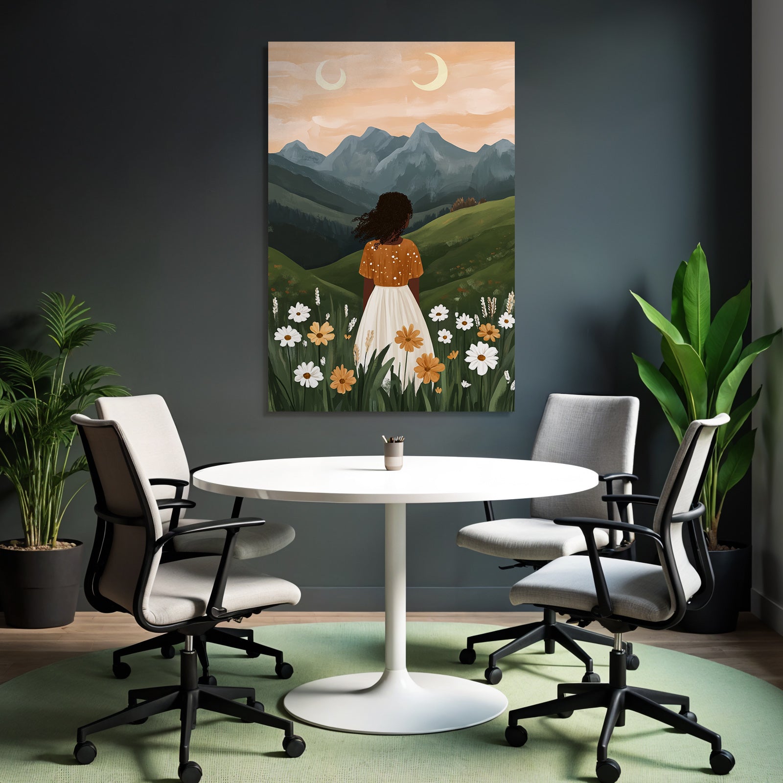 Landschaft Mit Frau In Blumenfeld Bei Sonnenaufgang Mit Zwei Monden
