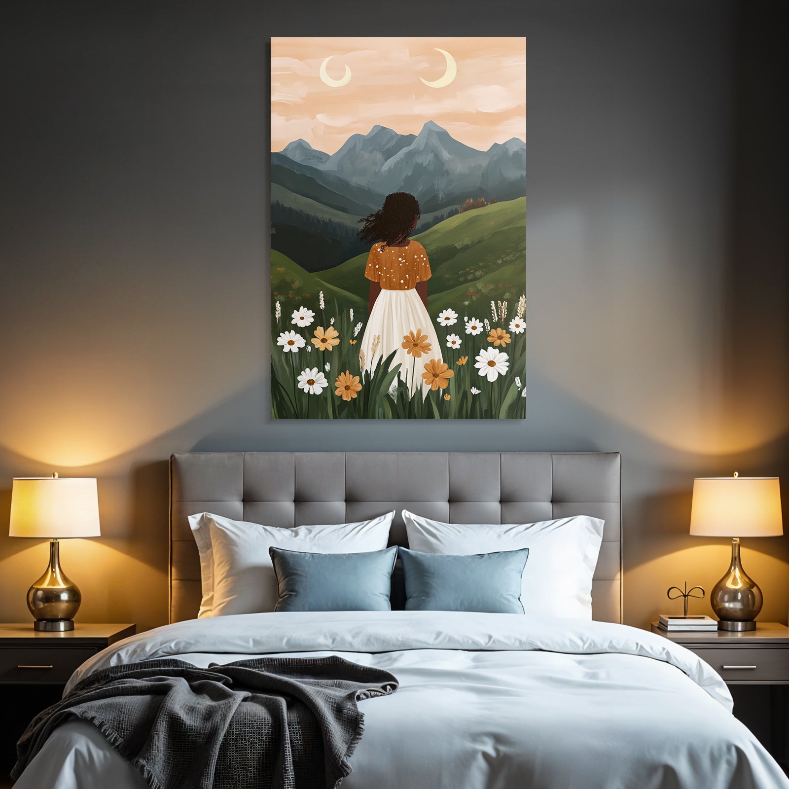 Landschaft Mit Frau In Blumenfeld Bei Sonnenaufgang Mit Zwei Monden
