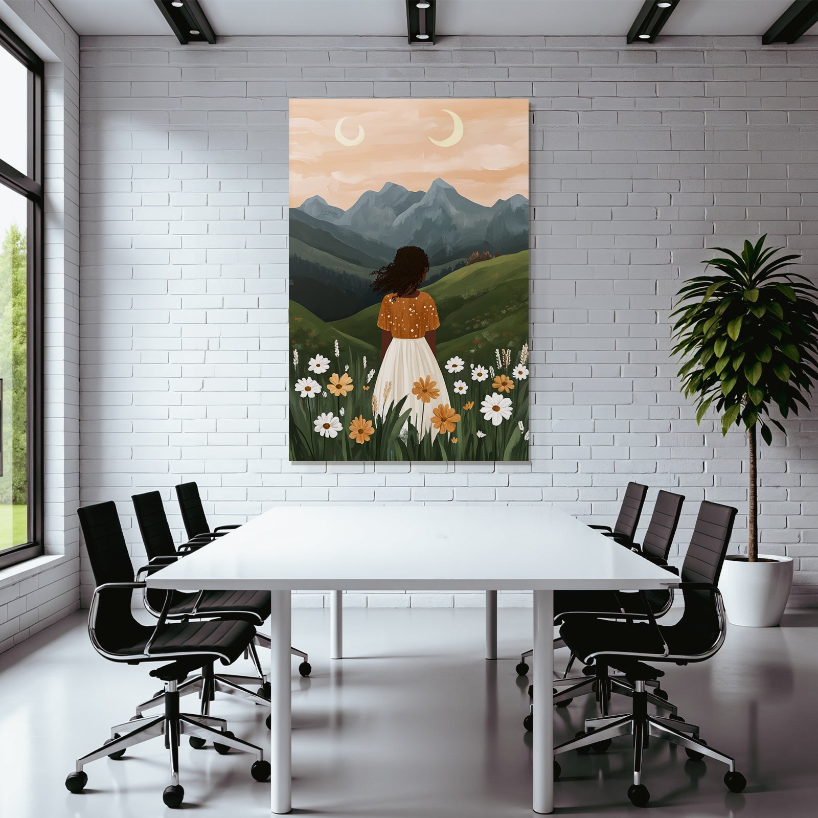 Landschaft Mit Frau In Blumenfeld Bei Sonnenaufgang Mit Zwei Monden