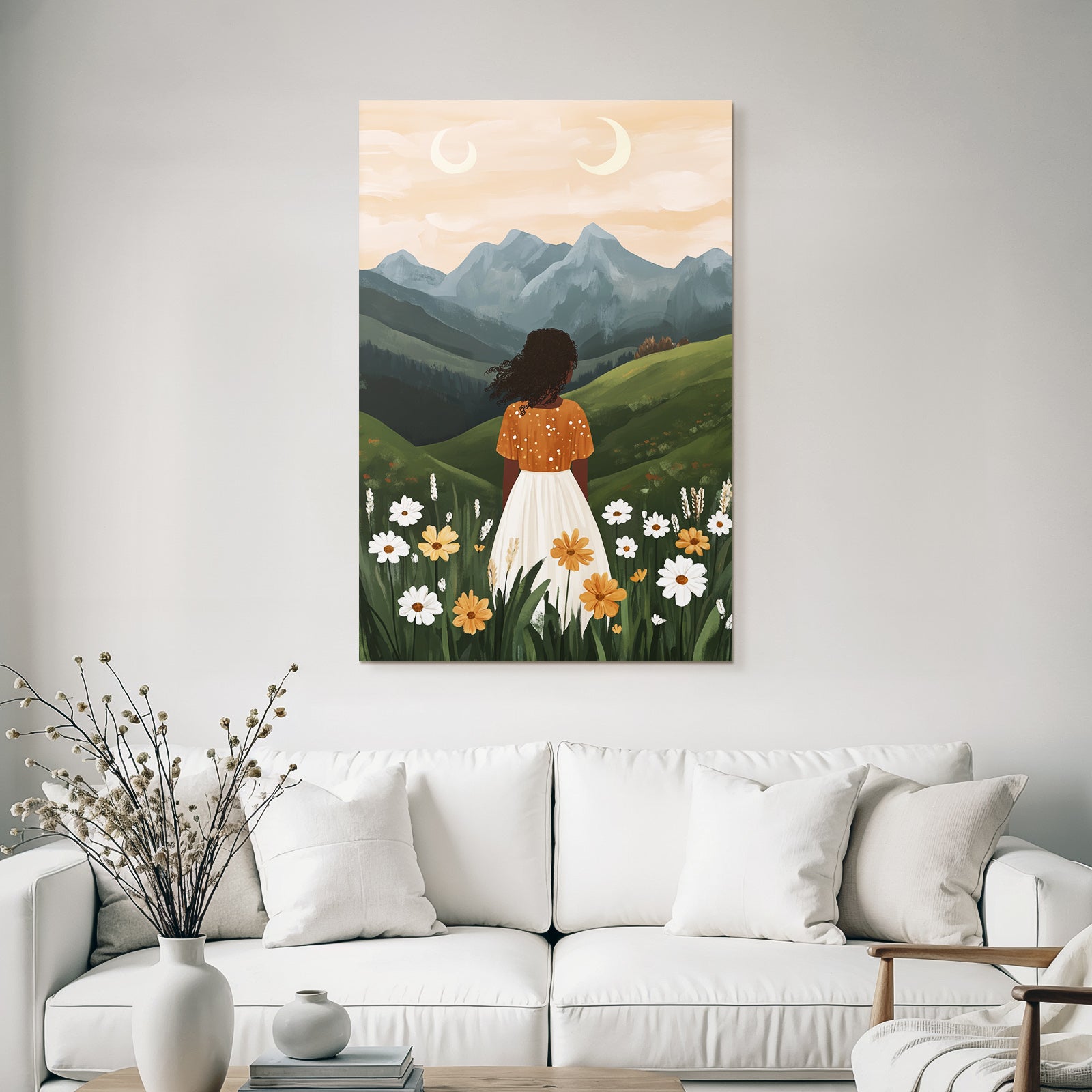 Landschaft Mit Frau In Blumenfeld Bei Sonnenaufgang Mit Zwei Monden