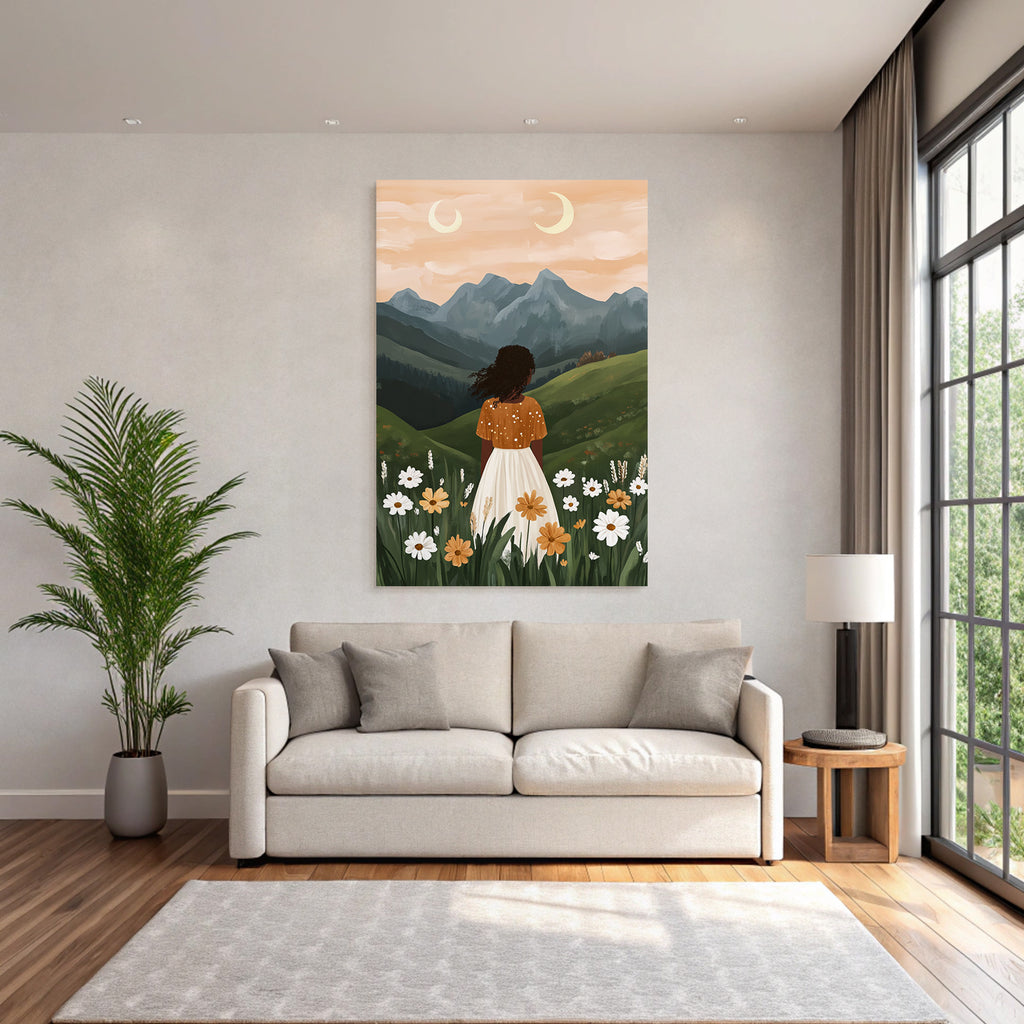 Landschaft Mit Frau In Blumenfeld Bei Sonnenaufgang Mit Zwei Monden