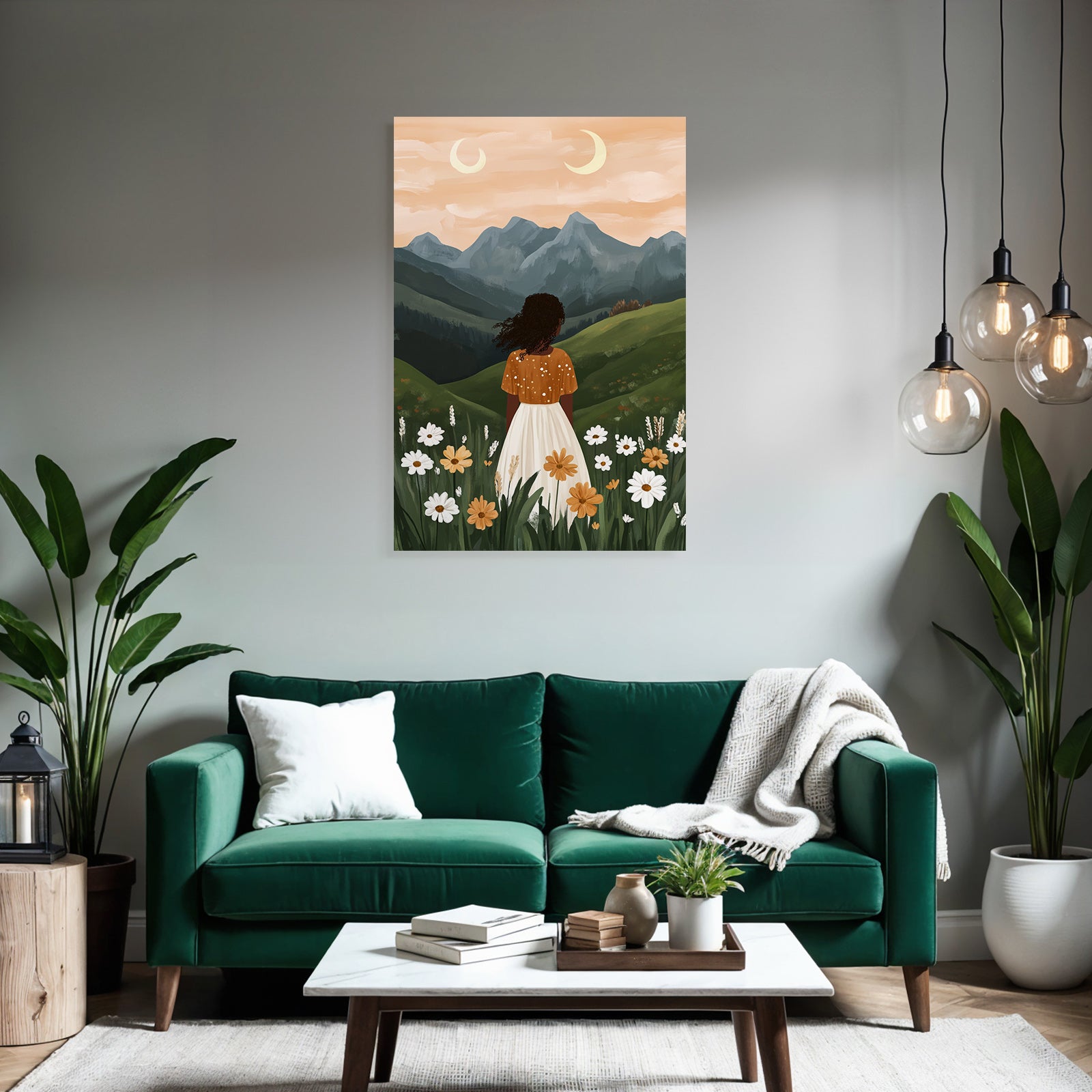 Landschaft Mit Frau In Blumenfeld Bei Sonnenaufgang Mit Zwei Monden
