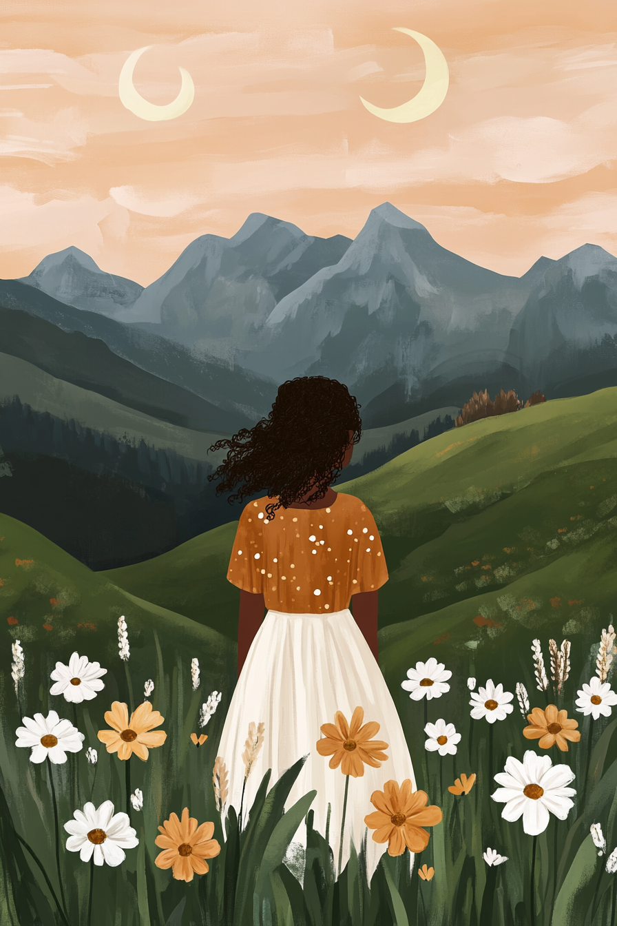 Landschaft Mit Frau In Blumenfeld Bei Sonnenaufgang Mit Zwei Monden | Boho Eklektisch | Einrichtungsstile