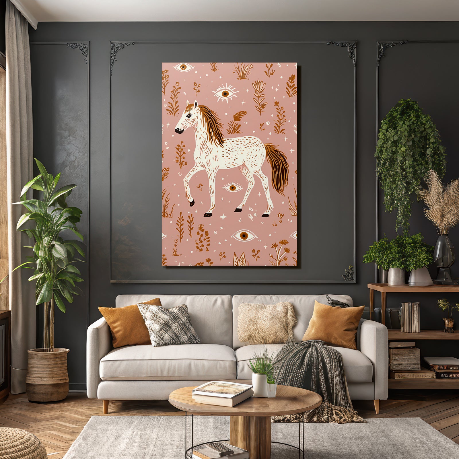 Pferd Mit Blumen Und Augen Rosaner Hintergrund