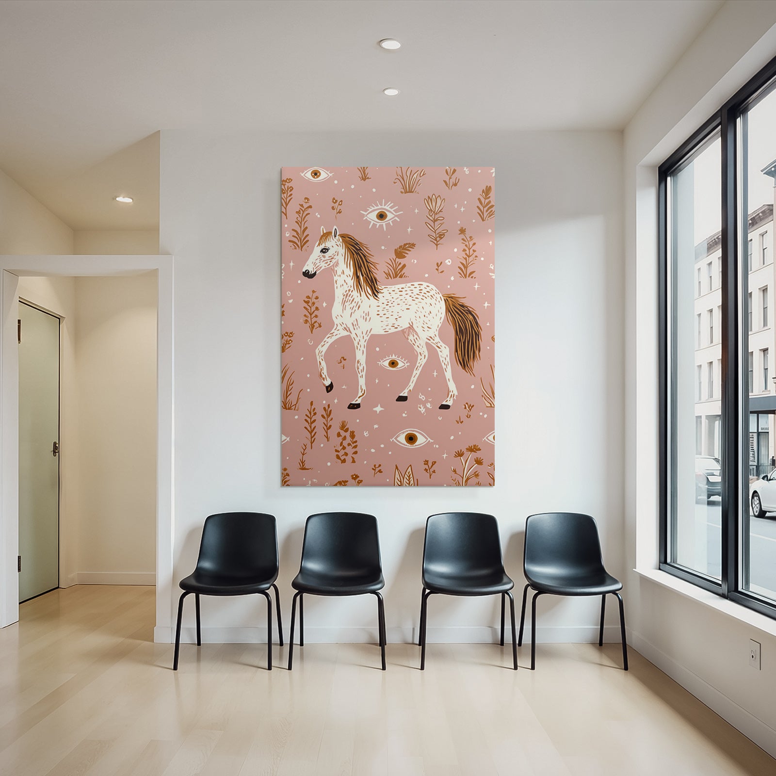 Pferd Mit Blumen Und Augen Rosaner Hintergrund