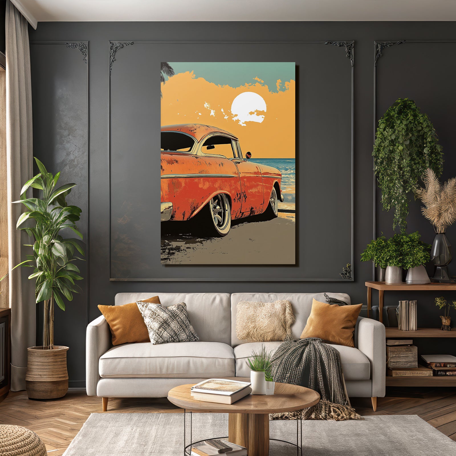 Vintage Auto Am Strand Bei Sonnenuntergang
