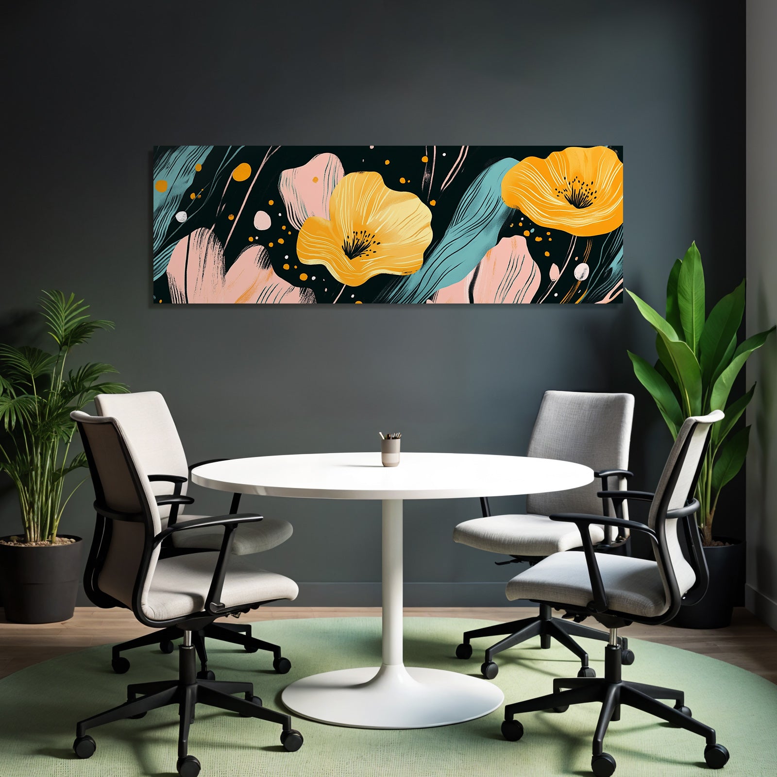 Bunte Blumen Gestaltung Mit Gelben Blumen Und Abstrakten Elementen Dunkel Background