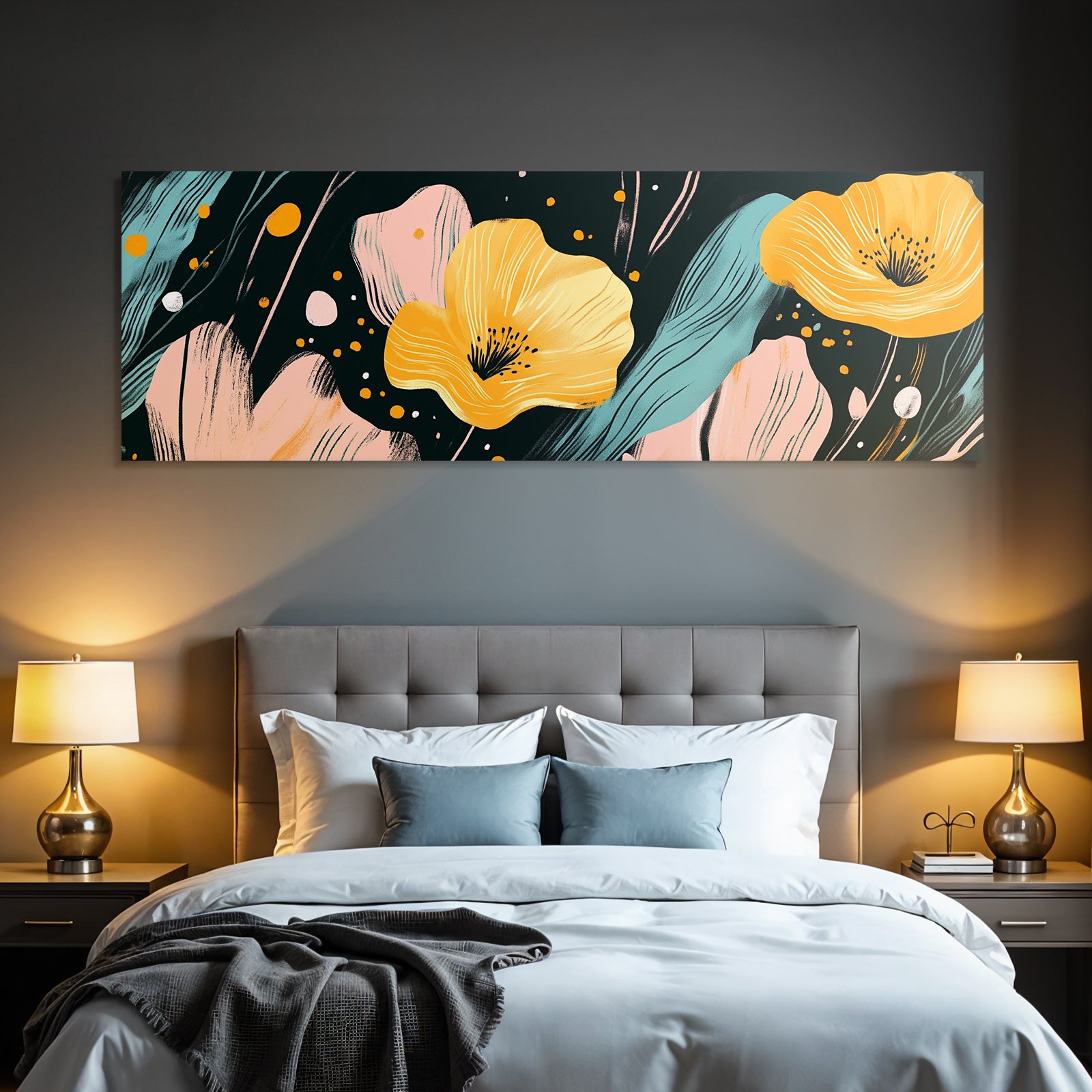 Bunte Blumen Gestaltung Mit Gelben Blumen Und Abstrakten Elementen Dunkel Background