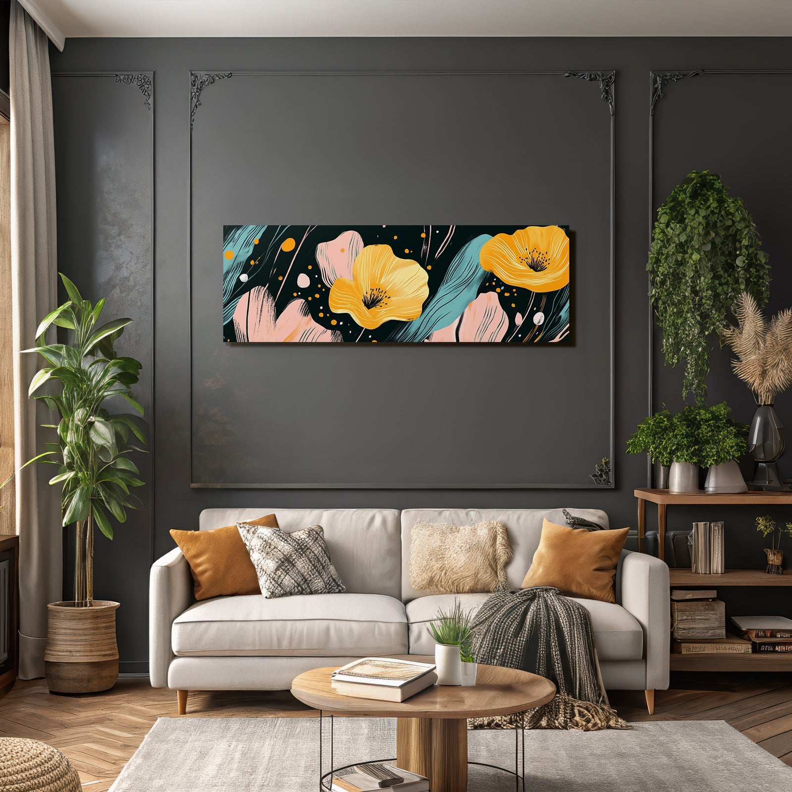 Bunte Blumen Gestaltung Mit Gelben Blumen Und Abstrakten Elementen Dunkel Background
