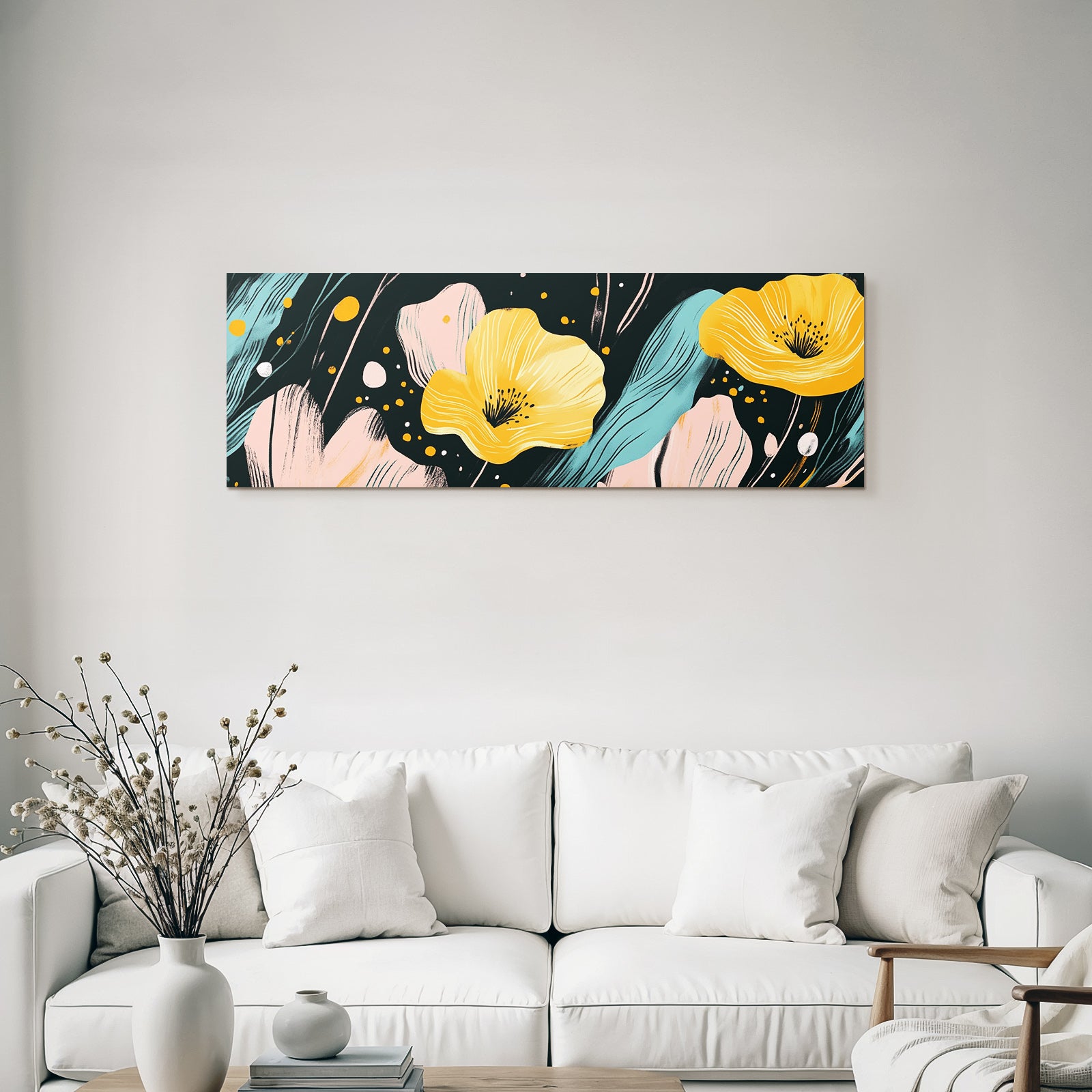 Bunte Blumen Gestaltung Mit Gelben Blumen Und Abstrakten Elementen Dunkel Background