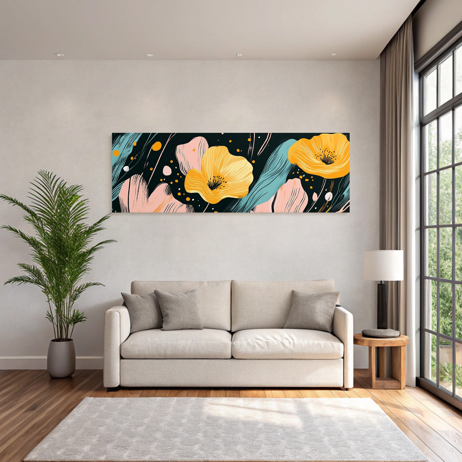 Bunte Blumen Gestaltung Mit Gelben Blumen Und Abstrakten Elementen Dunkel Background