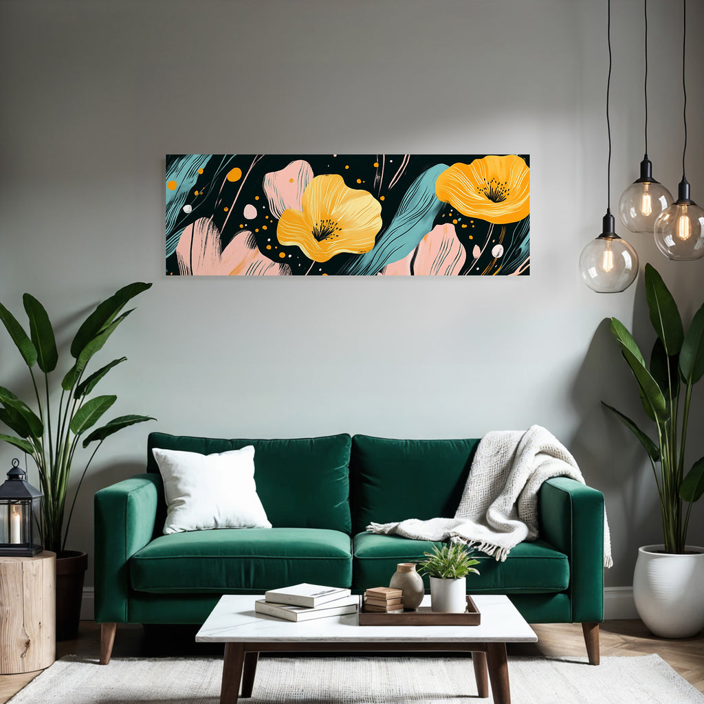 Bunte Blumen Gestaltung Mit Gelben Blumen Und Abstrakten Elementen Dunkel Background
