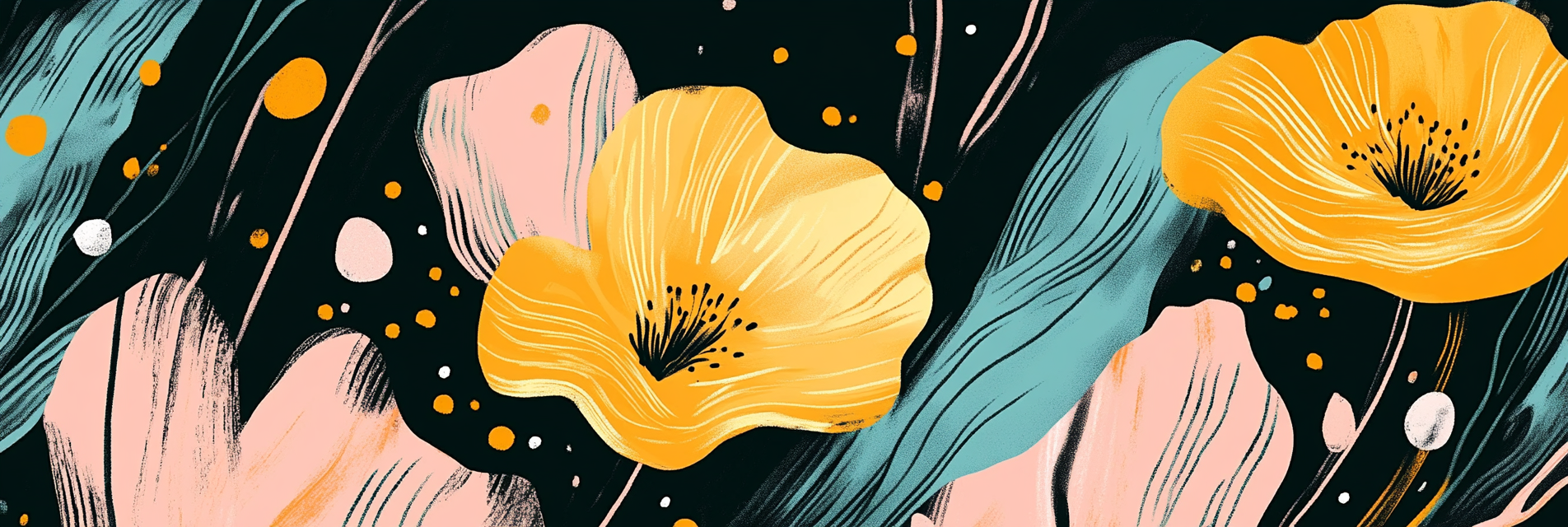 Bunte Blumen Gestaltung Mit Gelben Blumen Und Abstrakten Elementen Dunkel Background | Boho Eklektisch | Einrichtungsstile