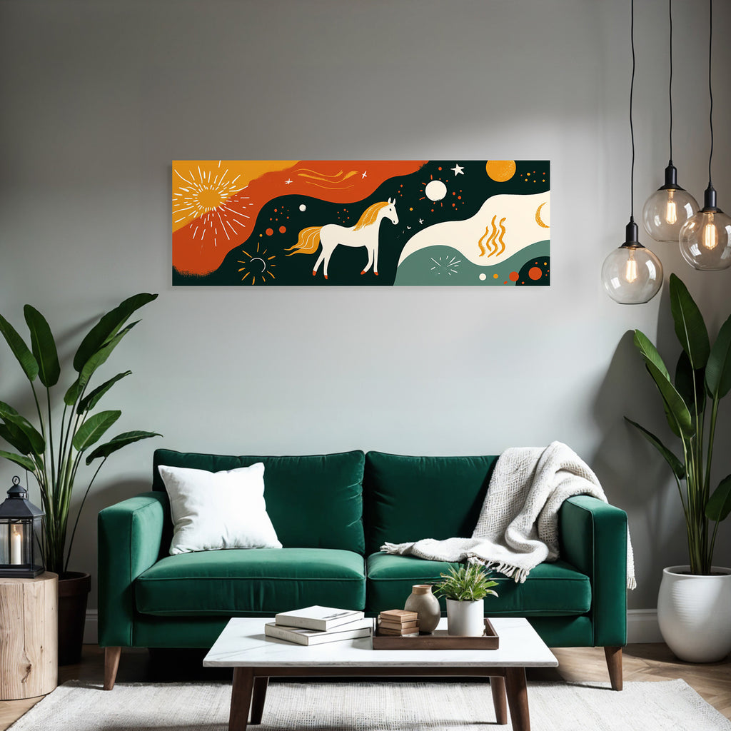 Bunter Pferd Im Sonnigen Himmel Mit Sternen Und Planeten
