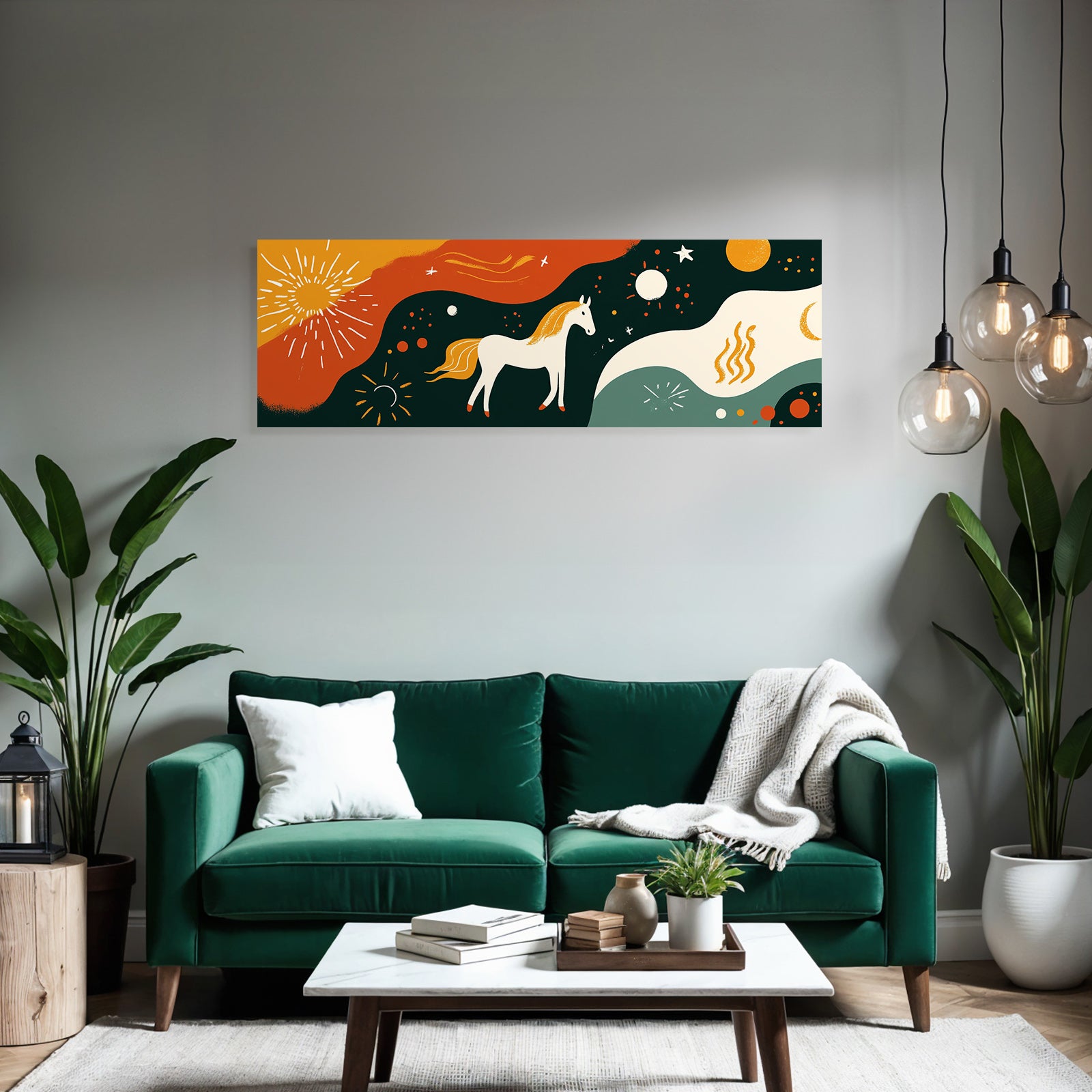 Bunter Pferd Im Sonnigen Himmel Mit Sternen Und Planeten