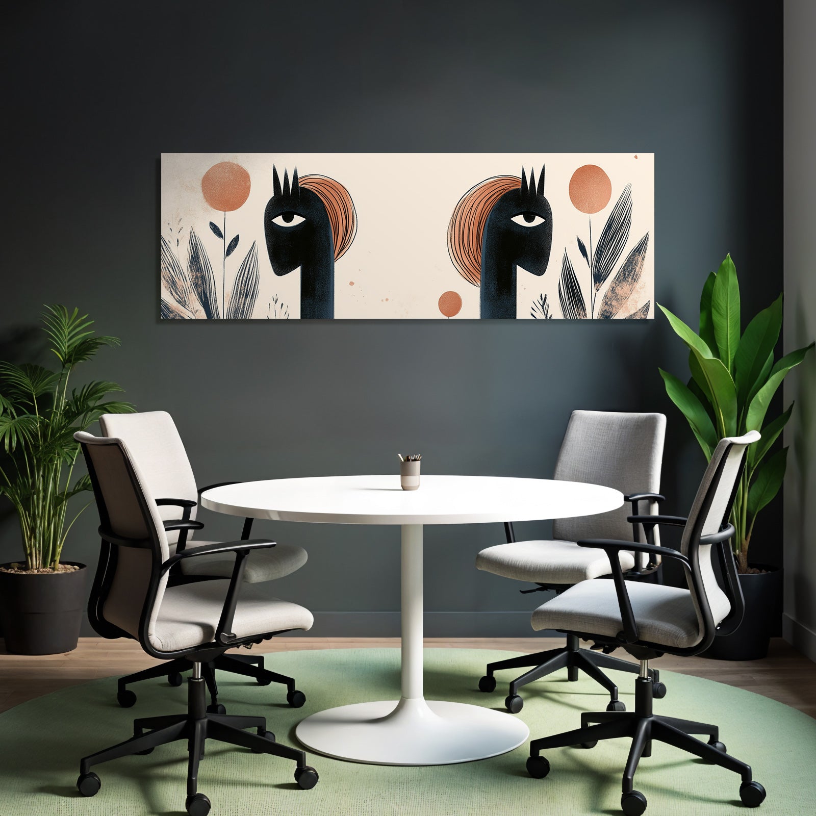 Kuenstlerische Illustration Zwei Figuren Farbenfroh Pflanzenformen