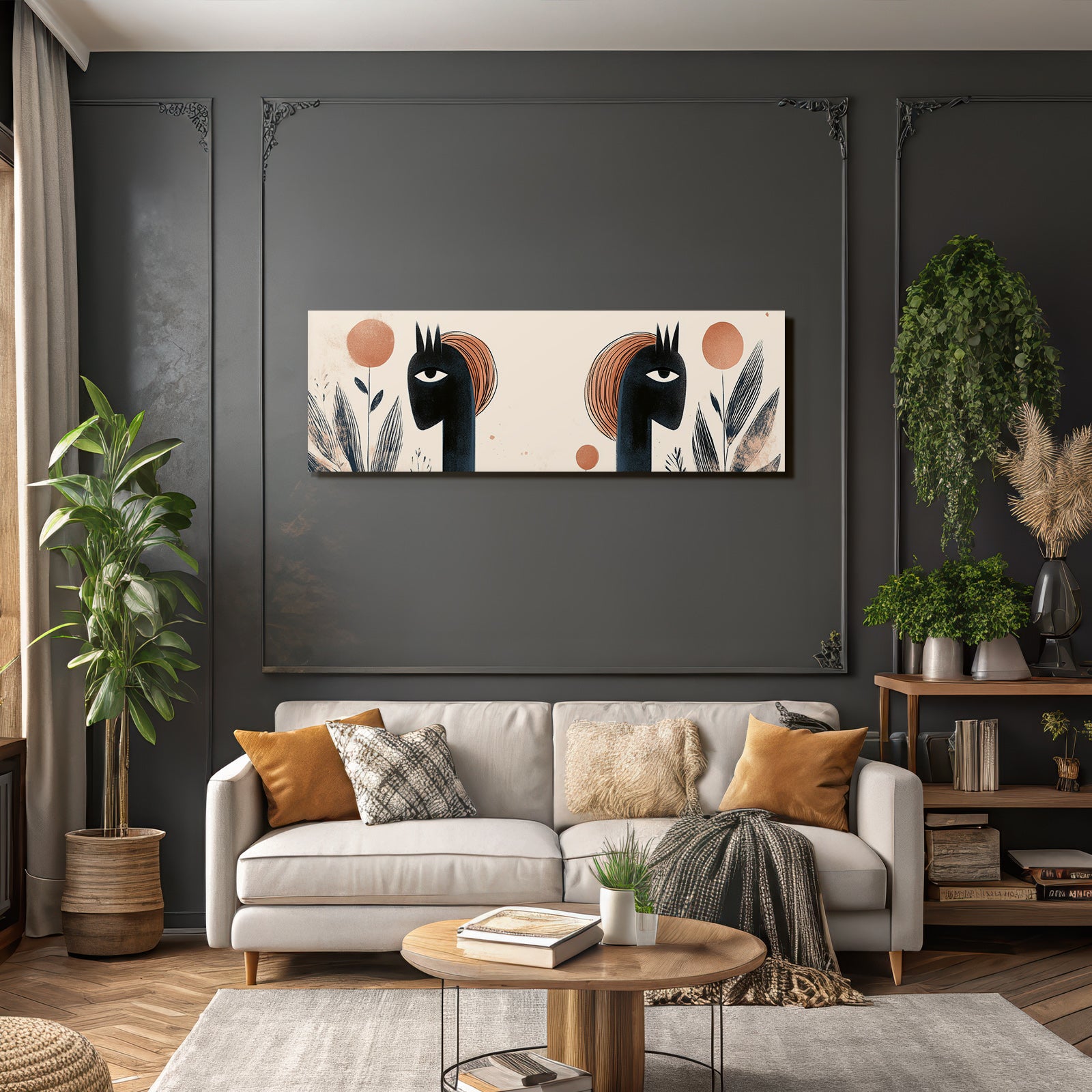 Kuenstlerische Illustration Zwei Figuren Farbenfroh Pflanzenformen