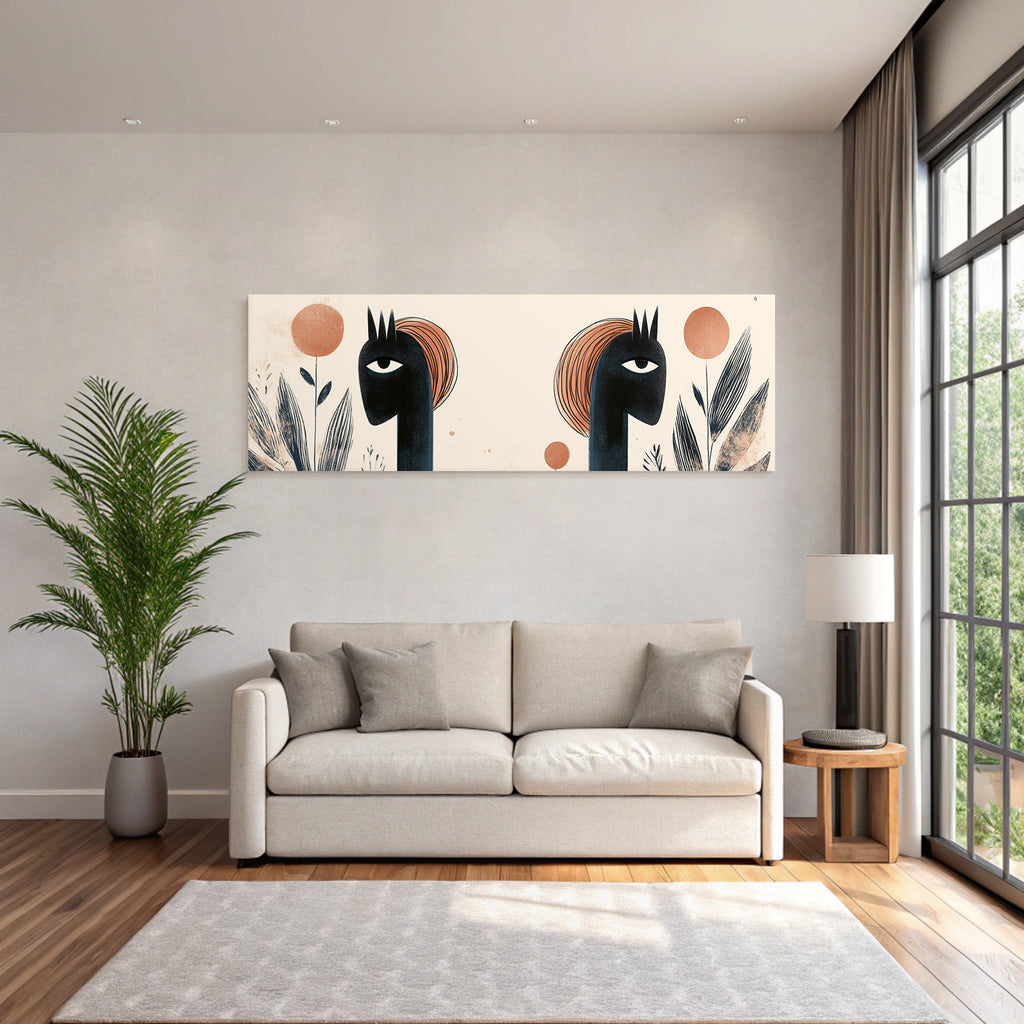 Kuenstlerische Illustration Zwei Figuren Farbenfroh Pflanzenformen