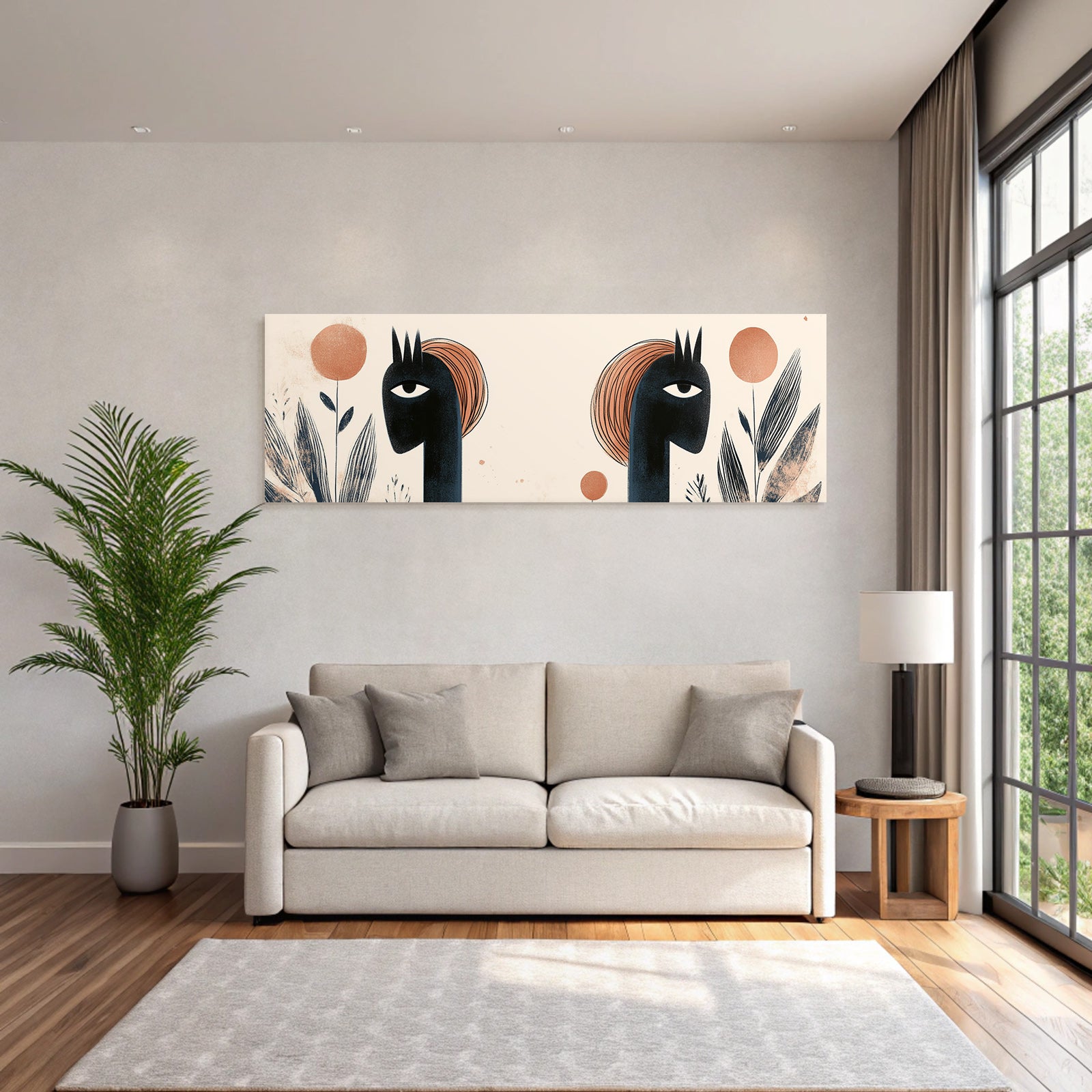 Kuenstlerische Illustration Zwei Figuren Farbenfroh Pflanzenformen