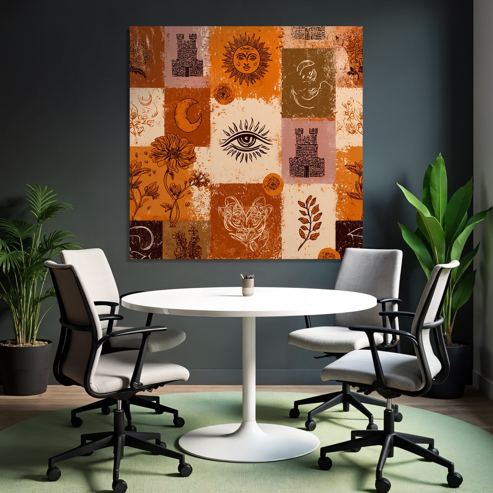 Blumen Himmel Symbole Strukturen Patchwork Erdfarben