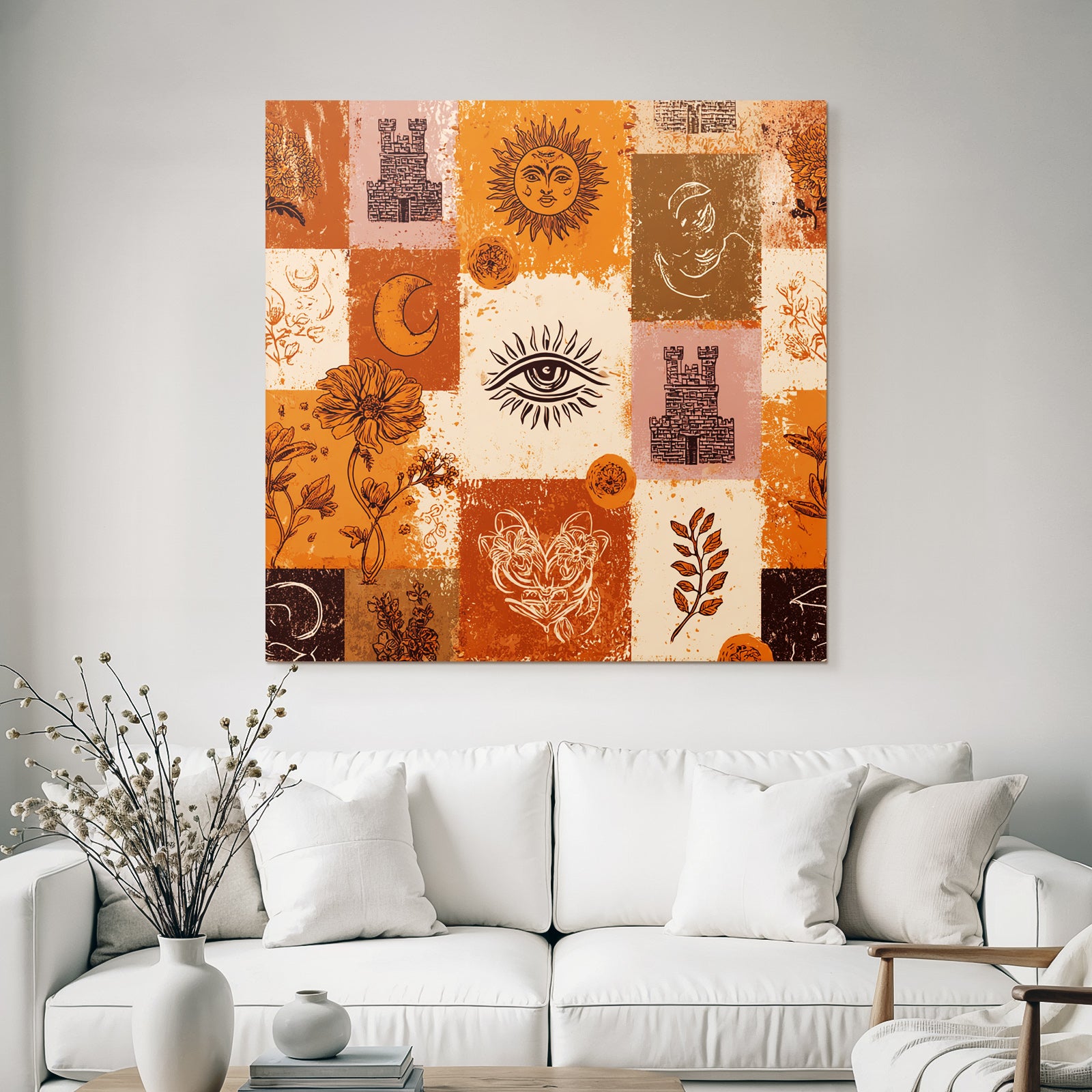 Blumen Himmel Symbole Strukturen Patchwork Erdfarben