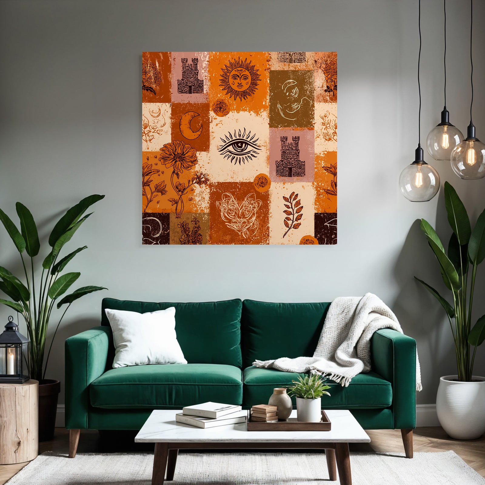 Blumen Himmel Symbole Strukturen Patchwork Erdfarben