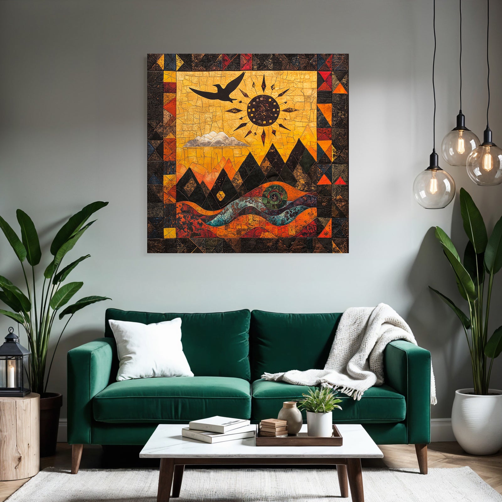 Farbenfrohe Kunstvolle Darstellung Sonnenelemente Berge Vogel Wellen
