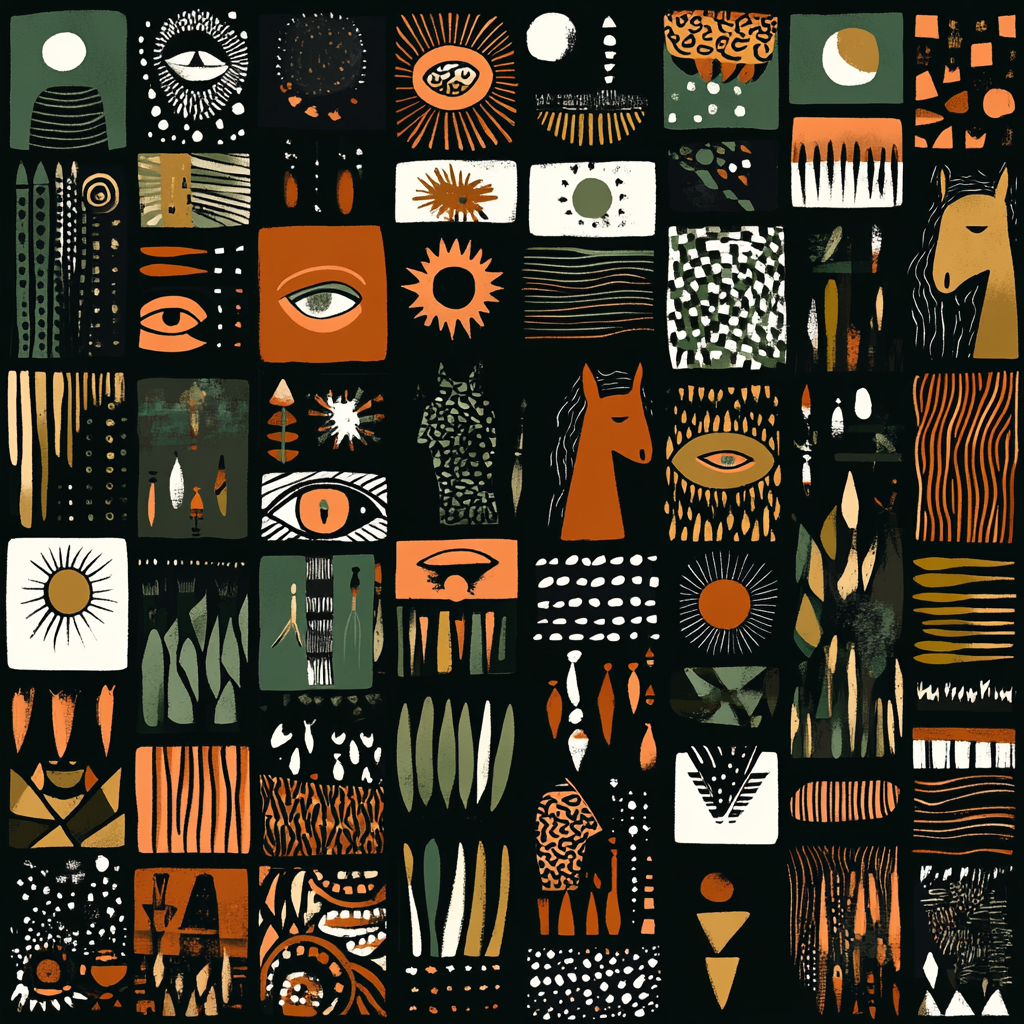 Kuenstlerischesmuster Earth Tonos Orange Gruen Schwarz Collage | Boho Eklektisch | Einrichtungsstile