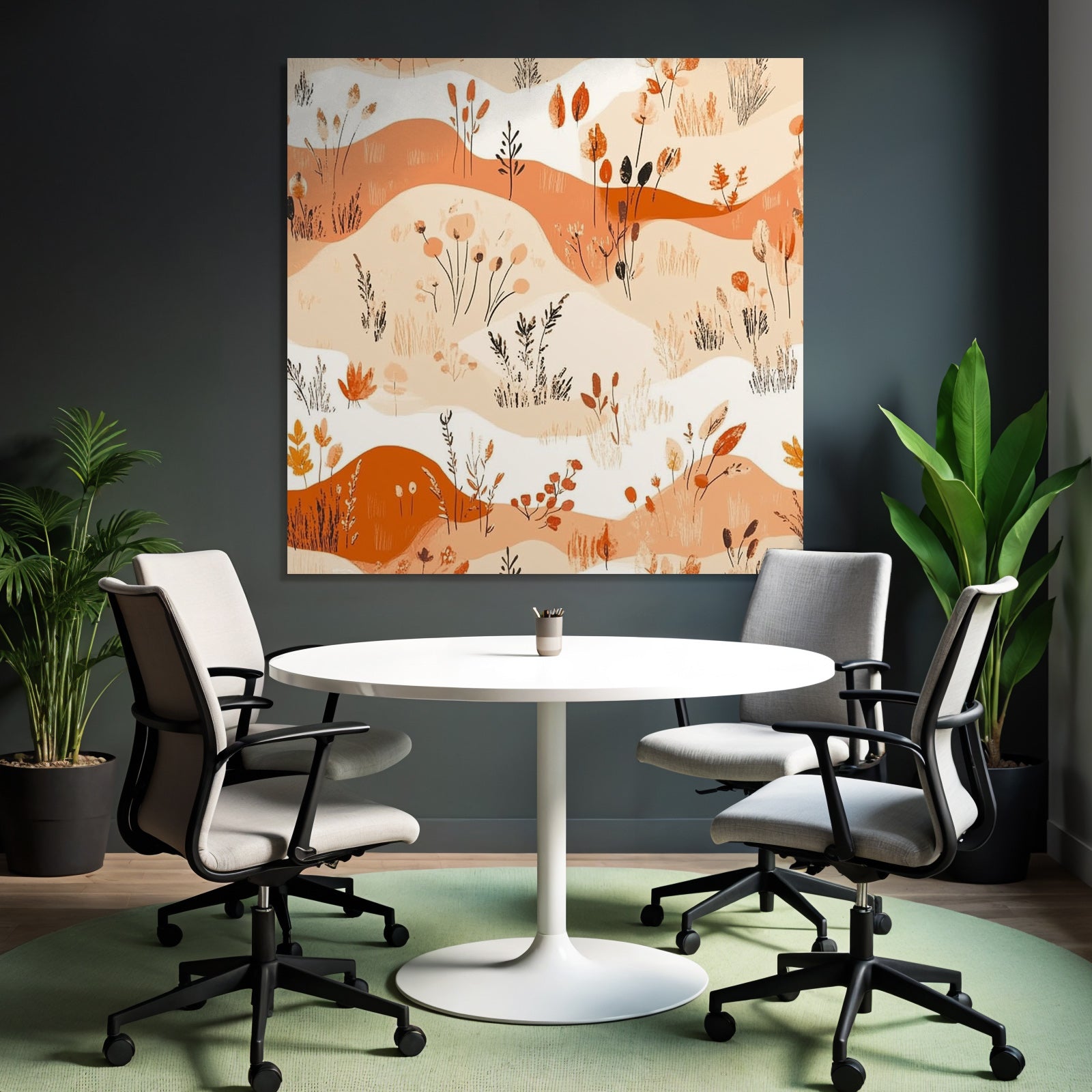 Stilisierte Blumenmuster Mit Pflanzen Und Abstrakten Formen Orange Beige Weiss