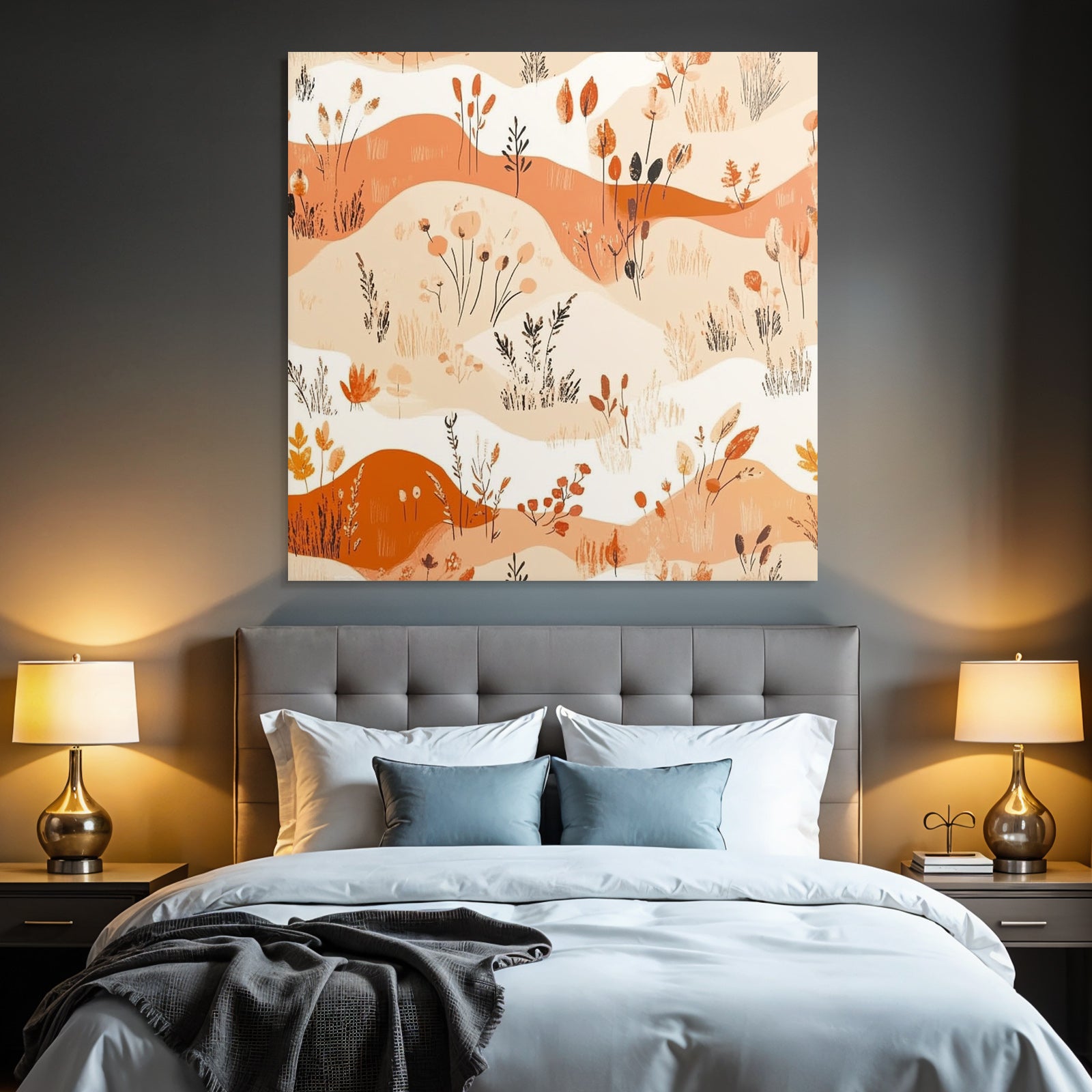 Stilisierte Blumenmuster Mit Pflanzen Und Abstrakten Formen Orange Beige Weiss