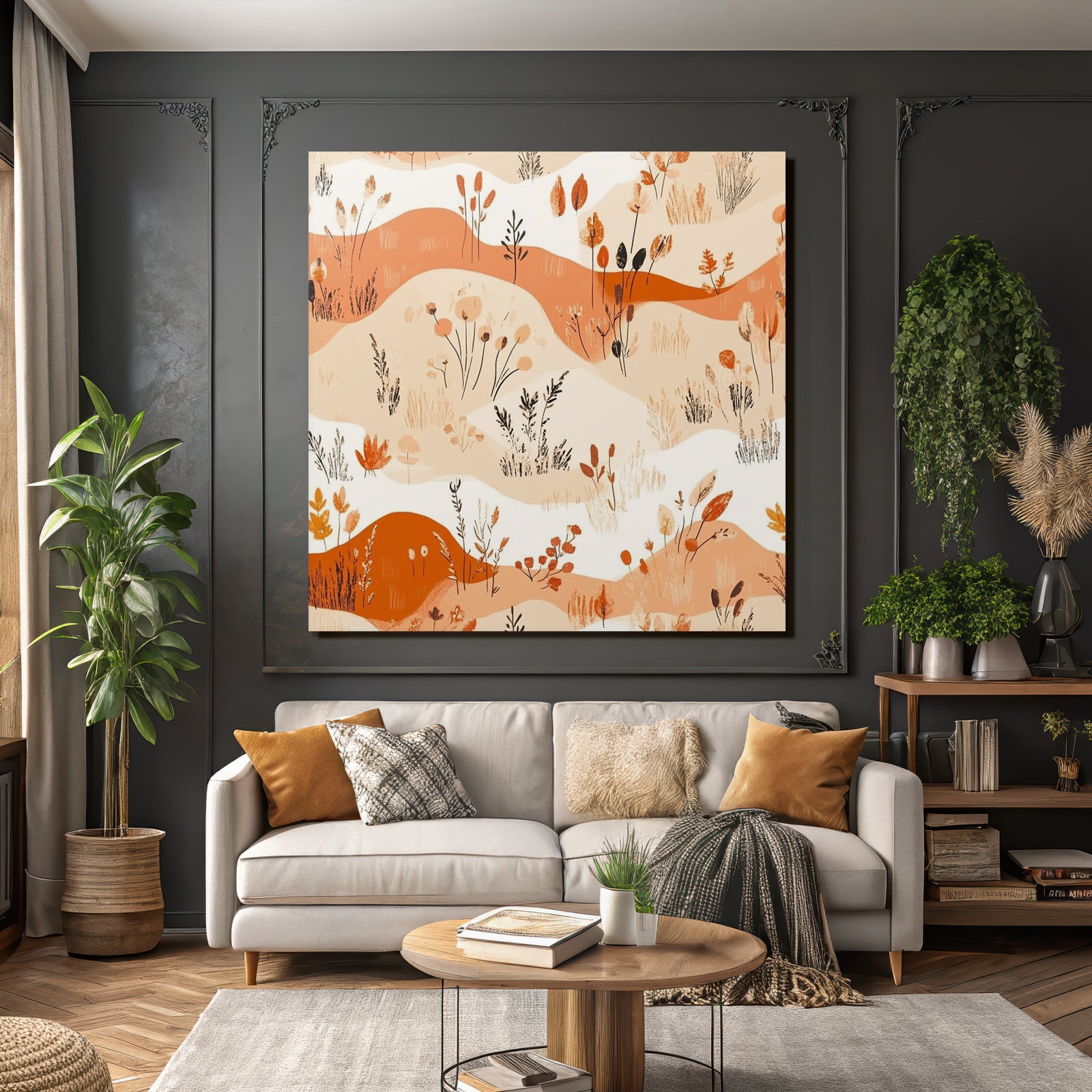 Stilisierte Blumenmuster Mit Pflanzen Und Abstrakten Formen Orange Beige Weiss