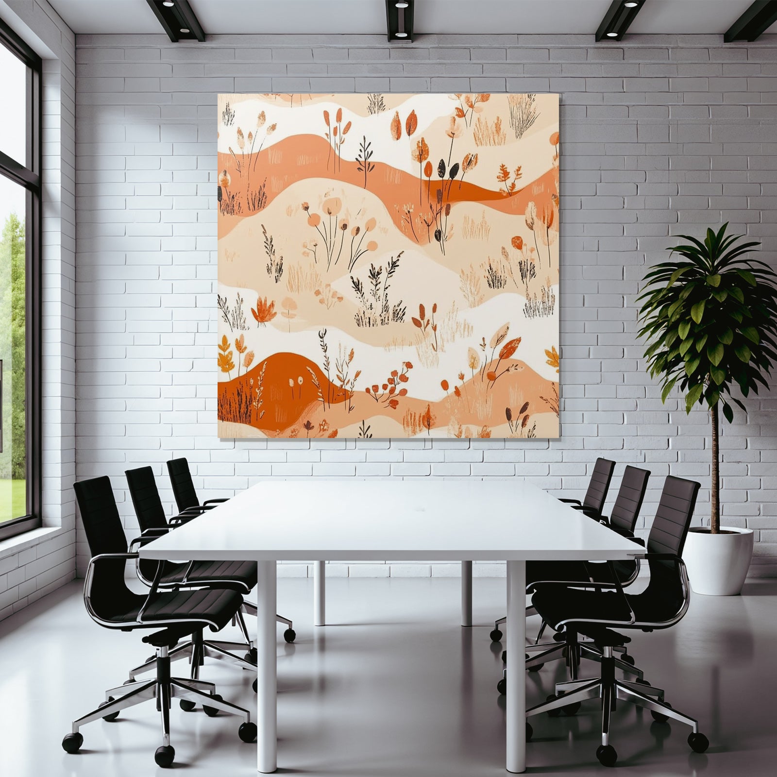Stilisierte Blumenmuster Mit Pflanzen Und Abstrakten Formen Orange Beige Weiss