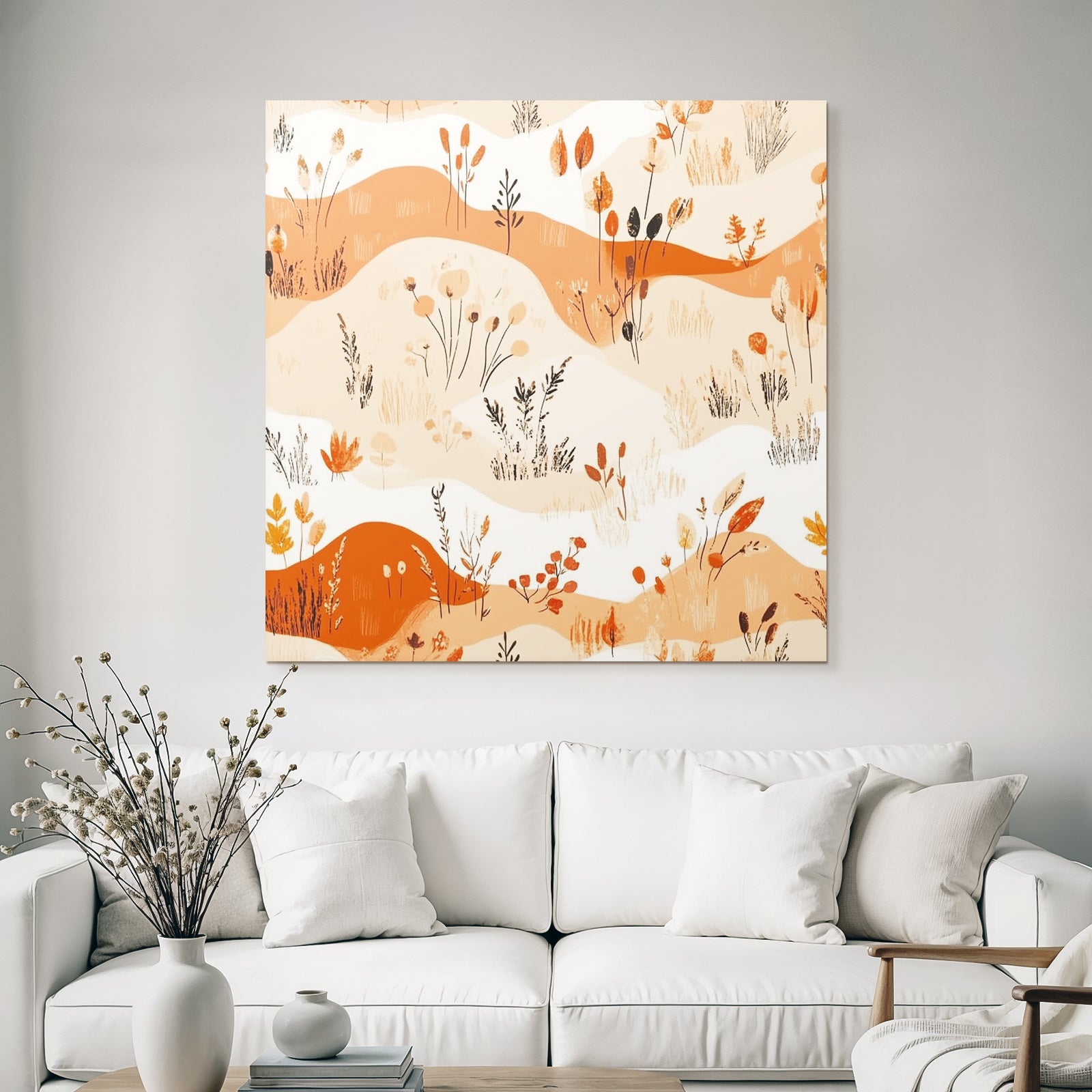 Stilisierte Blumenmuster Mit Pflanzen Und Abstrakten Formen Orange Beige Weiss
