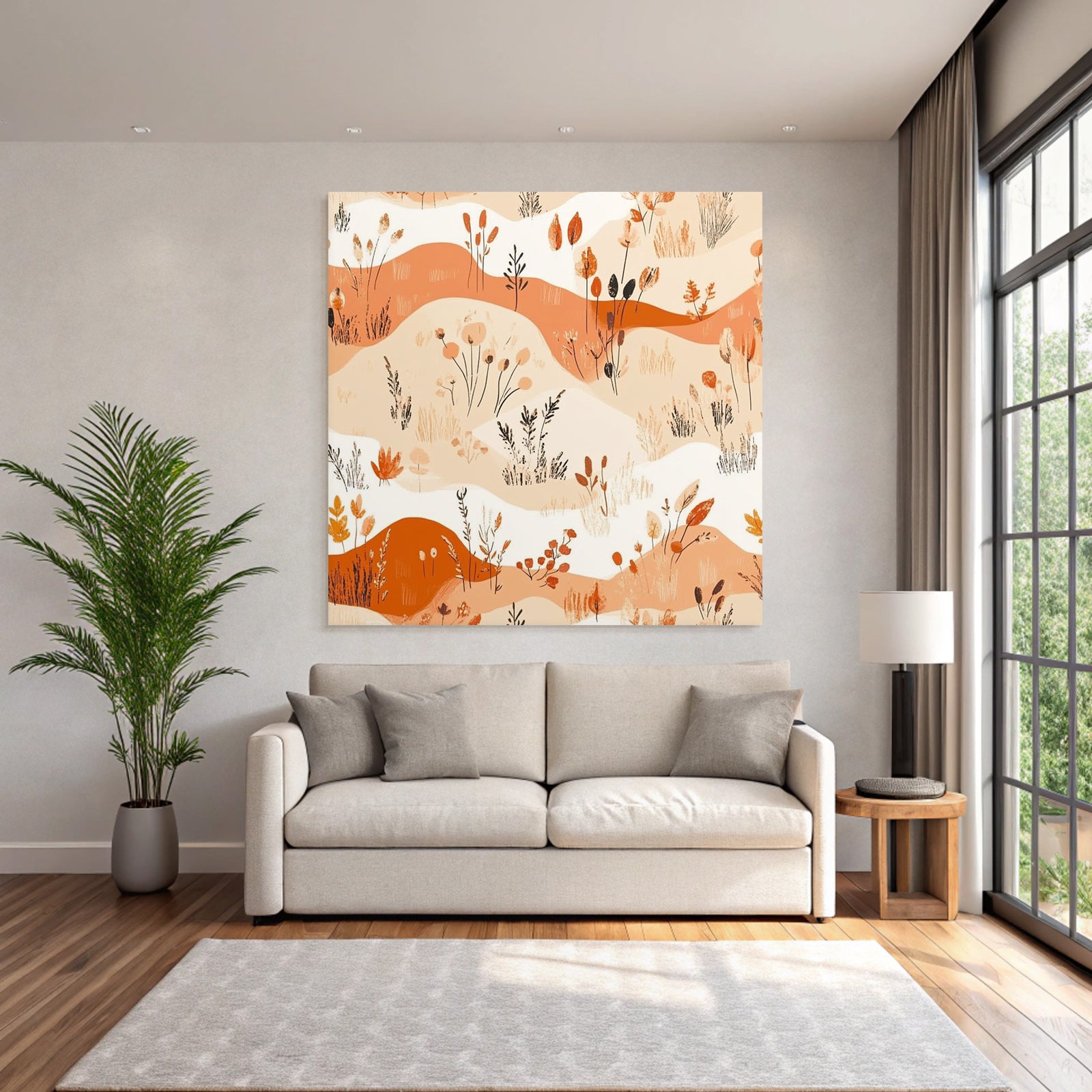 Stilisierte Blumenmuster Mit Pflanzen Und Abstrakten Formen Orange Beige Weiss