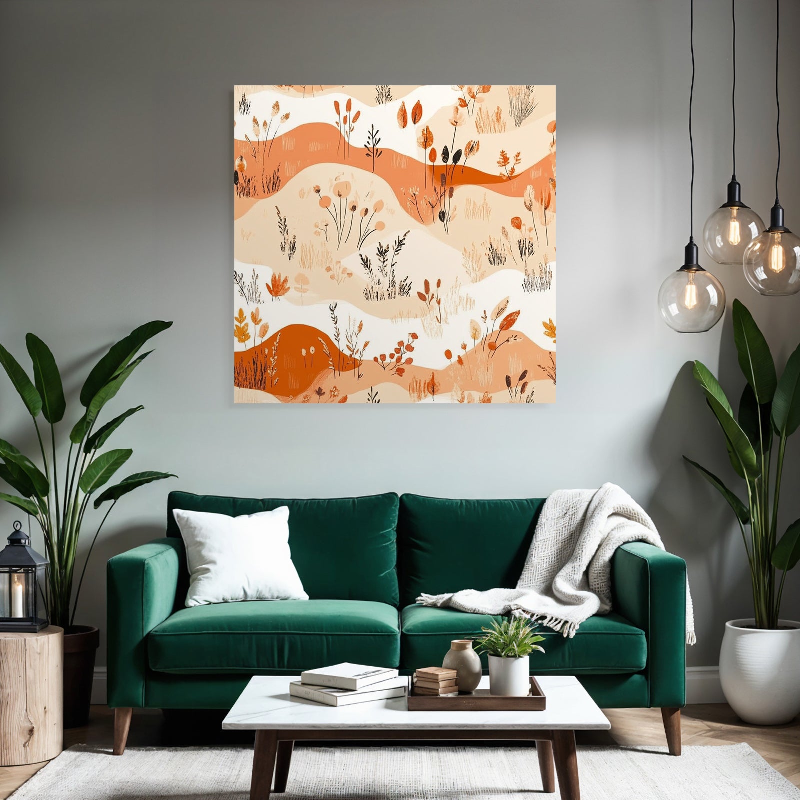 Stilisierte Blumenmuster Mit Pflanzen Und Abstrakten Formen Orange Beige Weiss