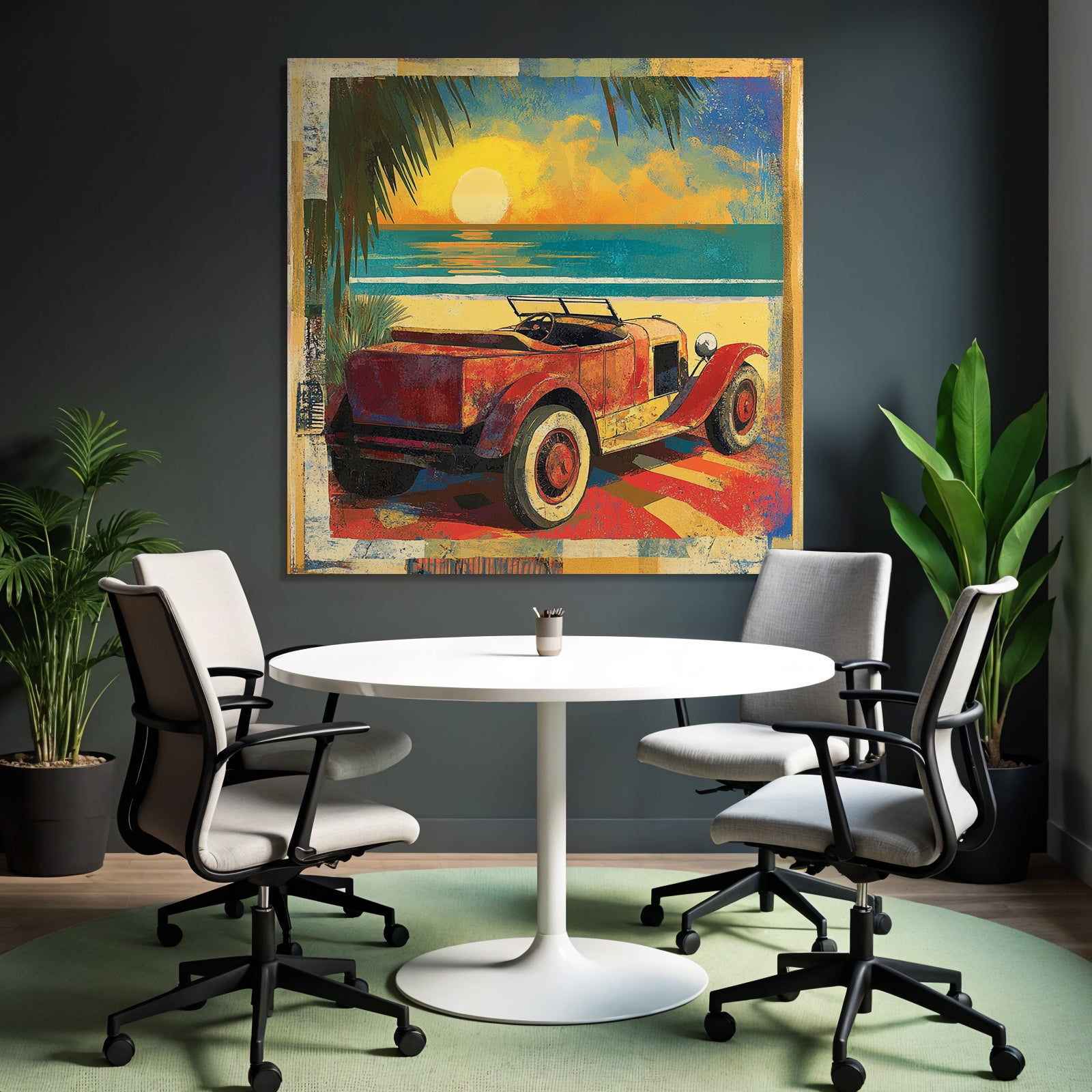 Vintage Rotes Auto Strand Sonnenuntergang