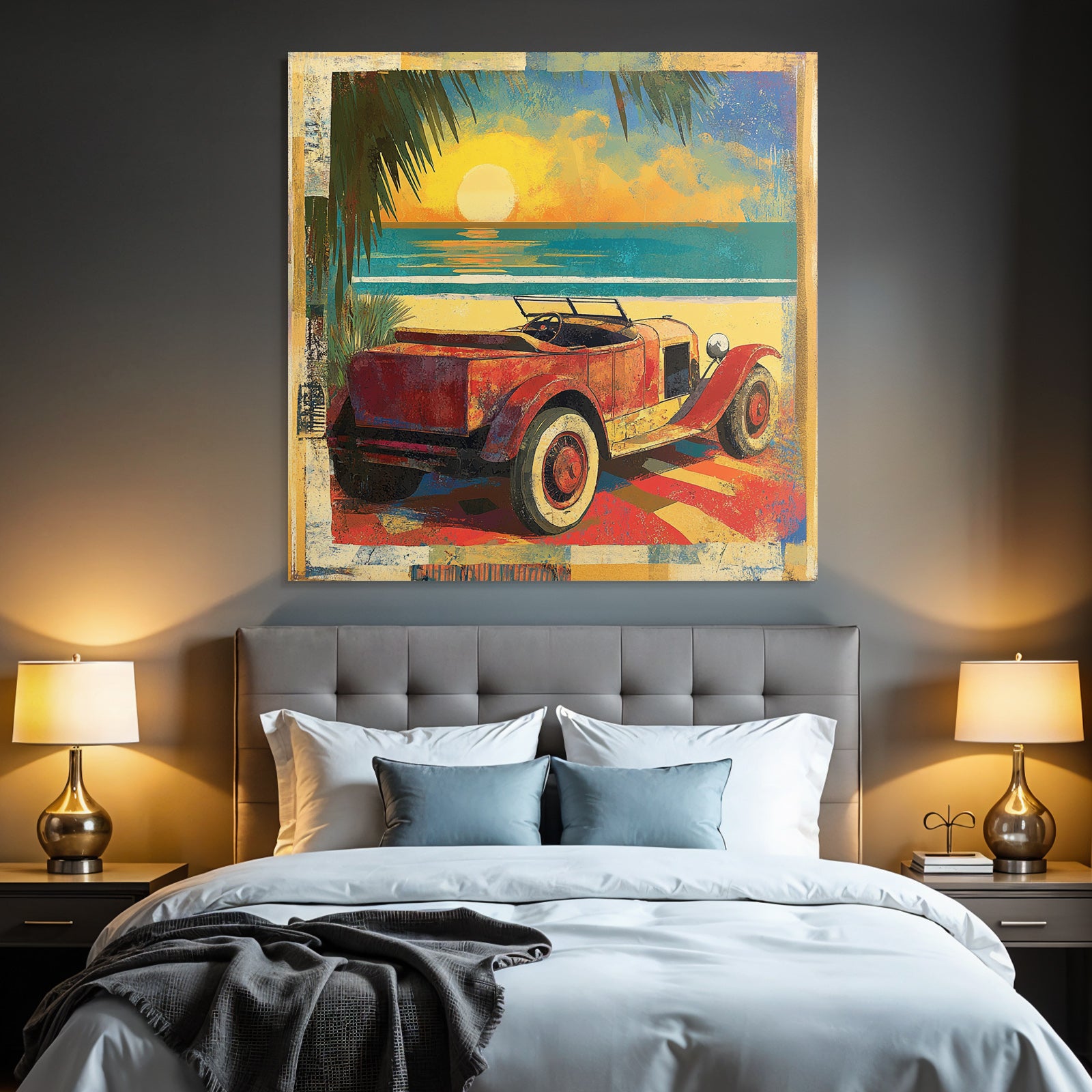 Vintage Rotes Auto Strand Sonnenuntergang