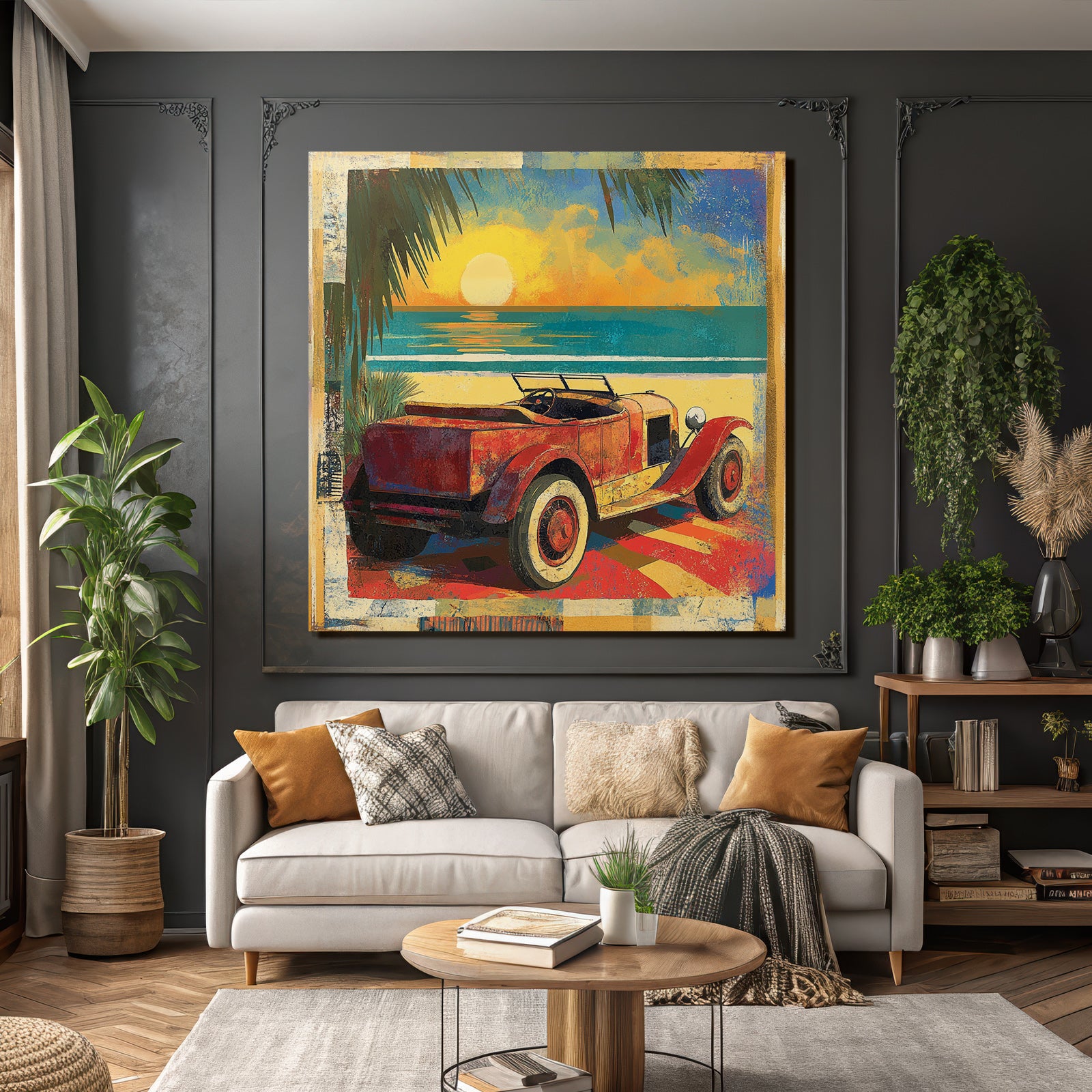 Vintage Rotes Auto Strand Sonnenuntergang