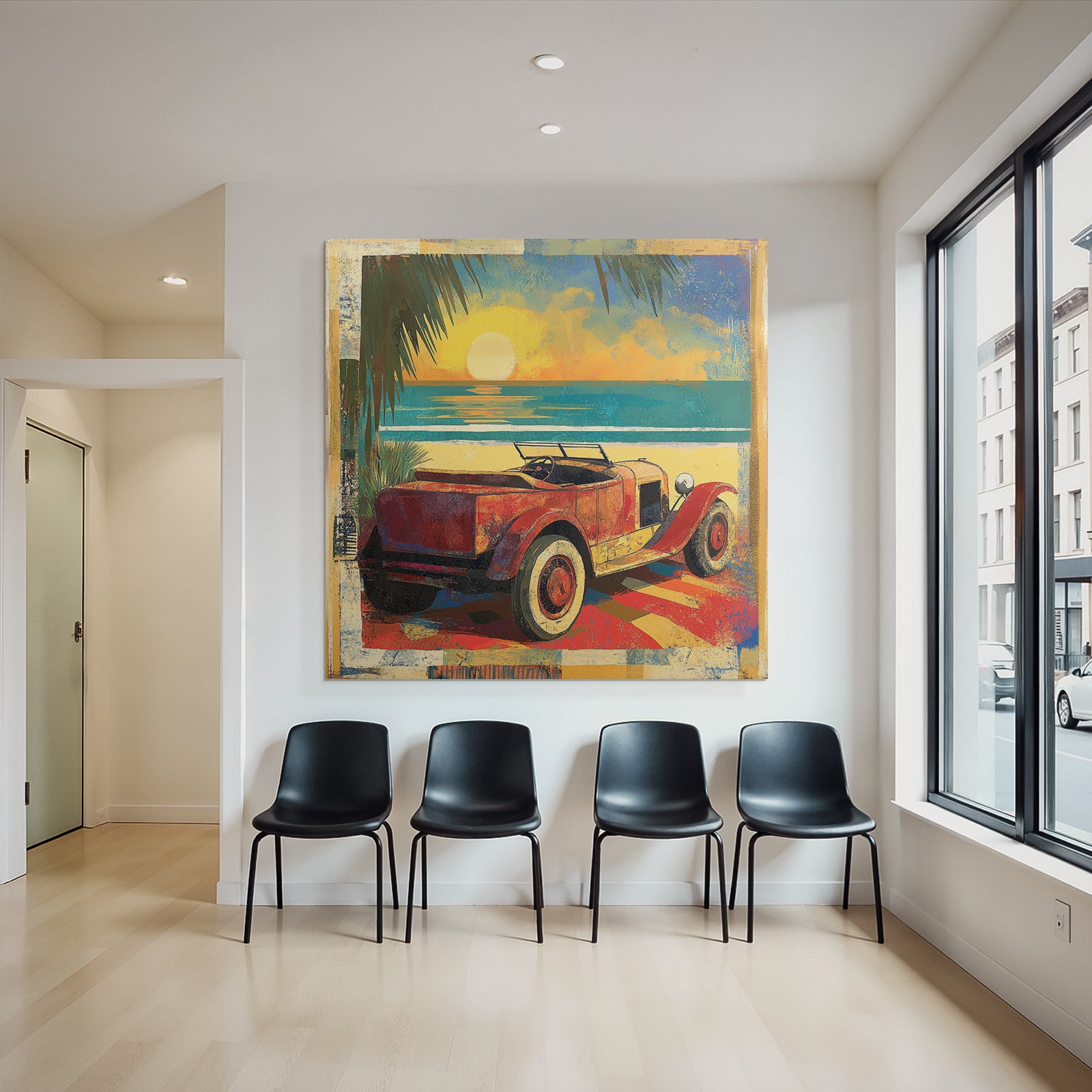 Vintage Rotes Auto Strand Sonnenuntergang