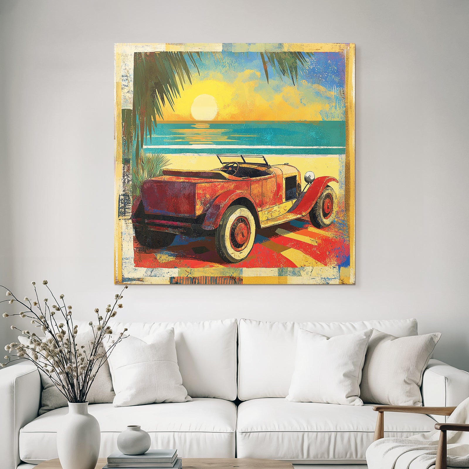 Vintage Rotes Auto Strand Sonnenuntergang