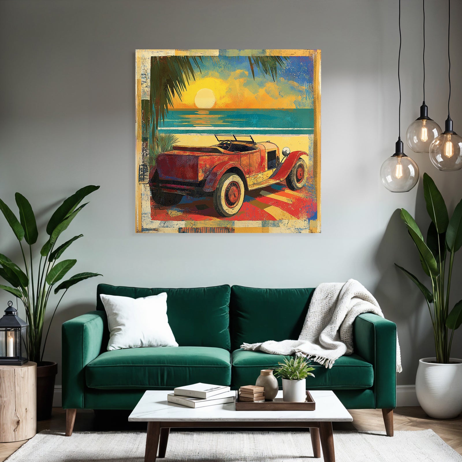 Vintage Rotes Auto Strand Sonnenuntergang