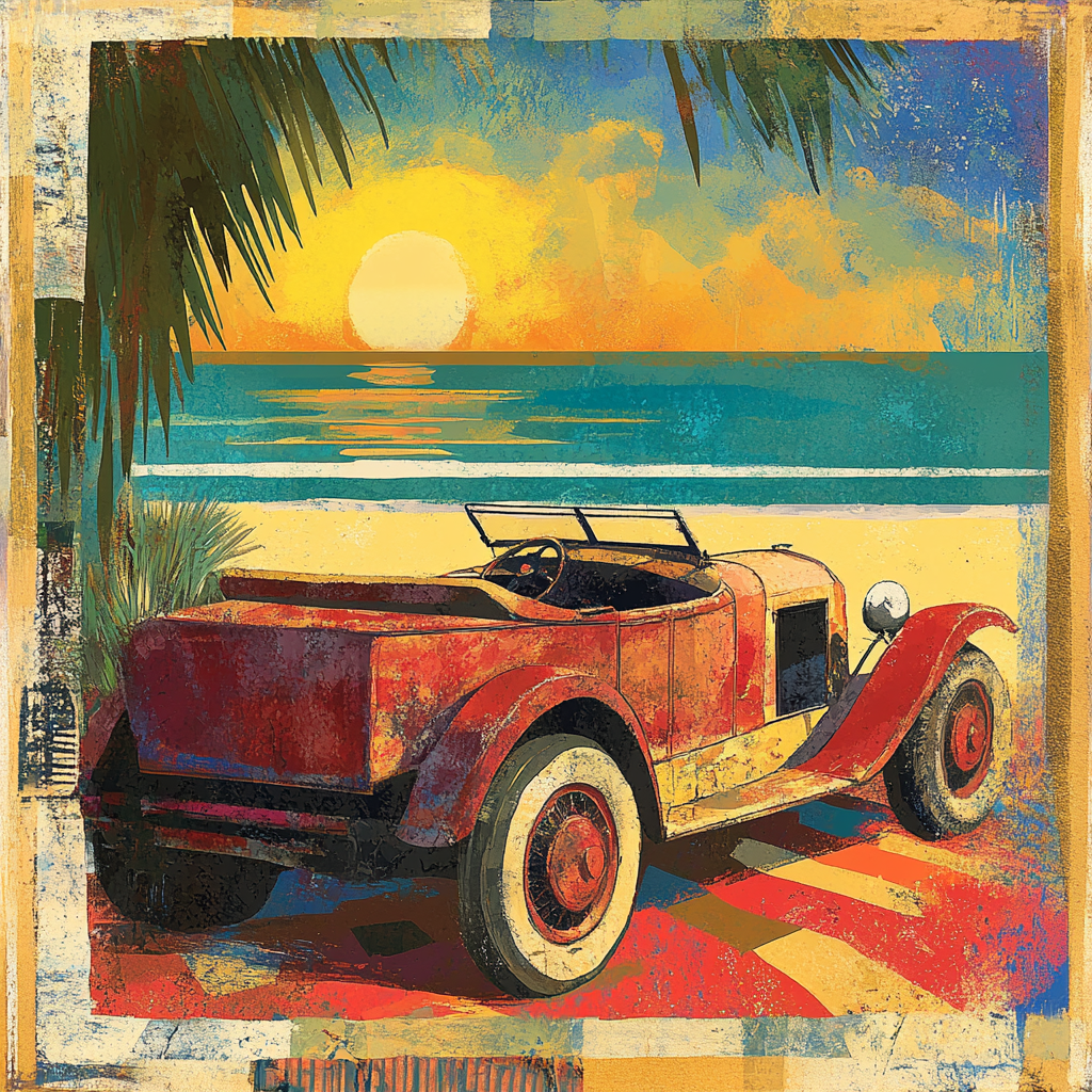 Vintage Rotes Auto Strand Sonnenuntergang | Boho Eklektisch | Einrichtungsstile