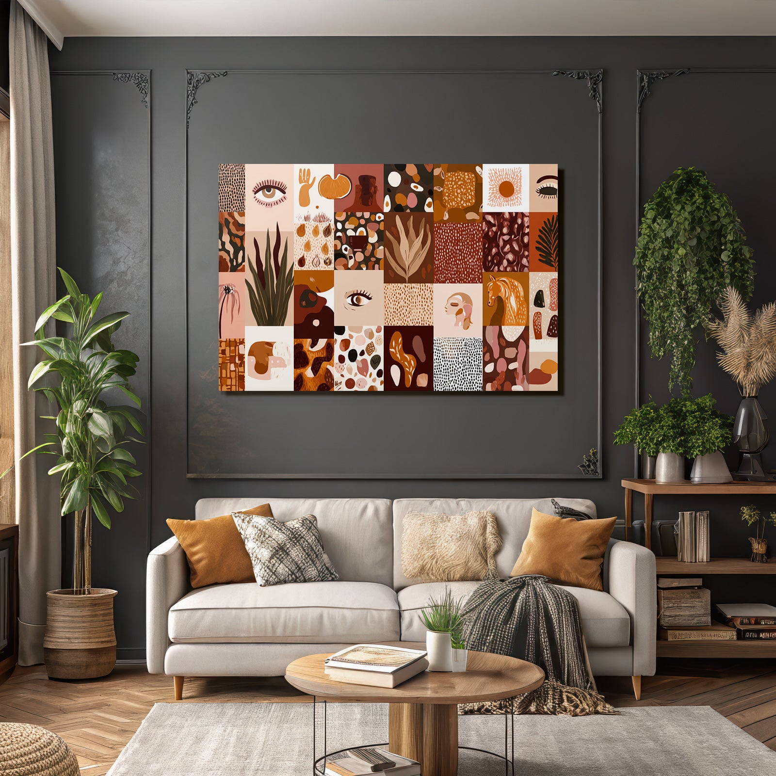 Boho Elektrisch Collage Aus Verschiedenen Kuenstlerischen Mustern Illustration Warmtoene Braun Beige Orange