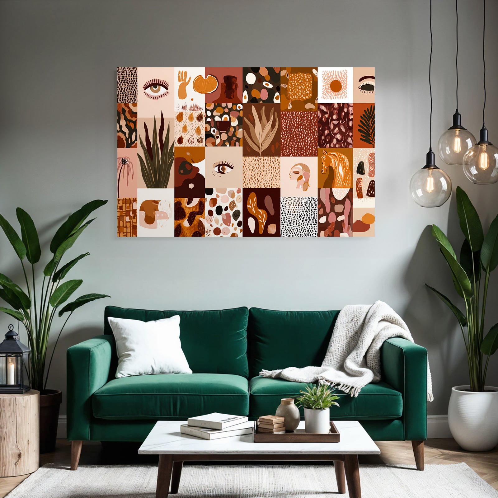 Boho Elektrisch Collage Aus Verschiedenen Kuenstlerischen Mustern Illustration Warmtoene Braun Beige Orange
