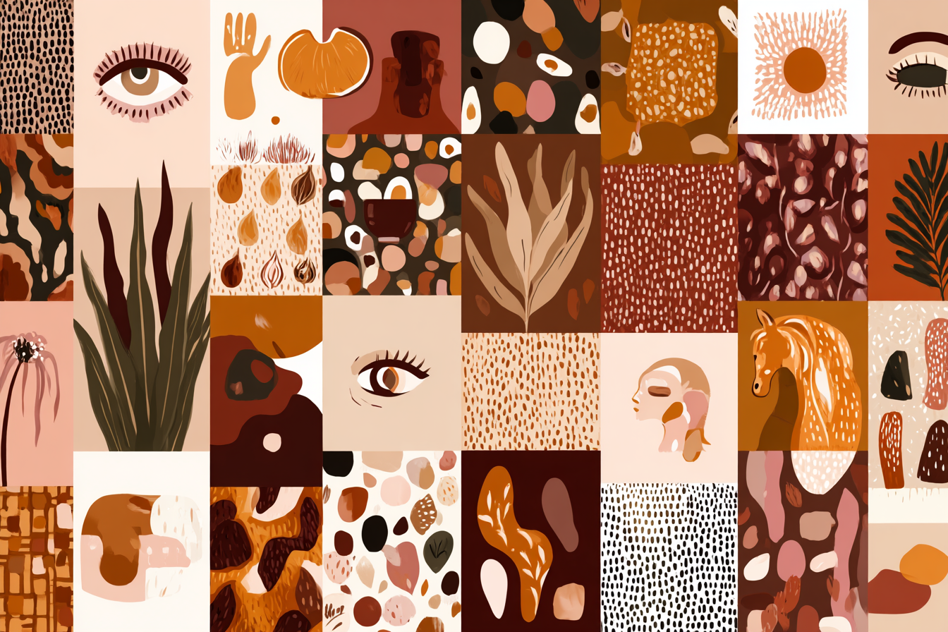 Boho Elektrisch Collage Aus Verschiedenen Kuenstlerischen Mustern Illustration Warmtoene Braun Beige Orange | Boho Eklektisch | Einrichtungsstile