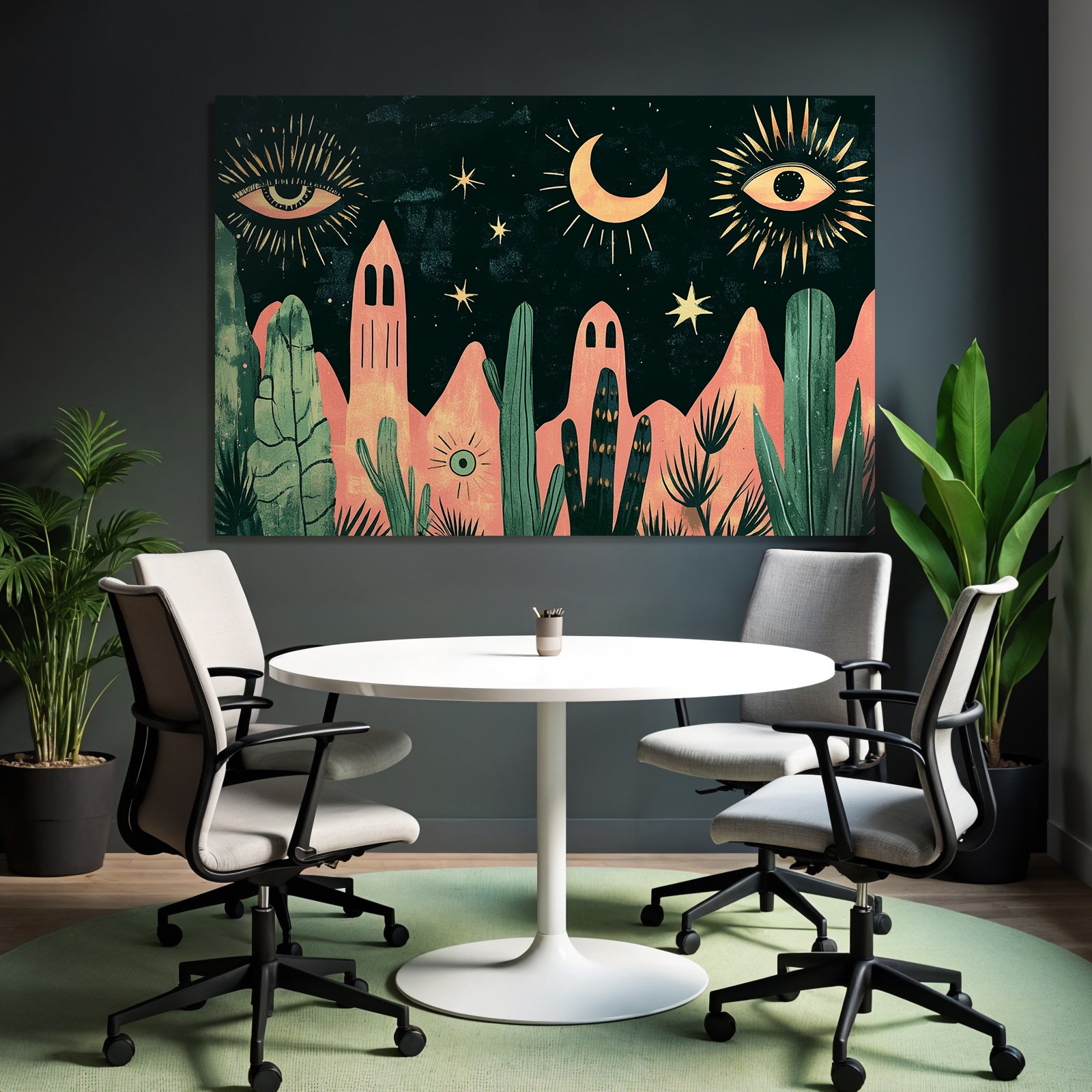 Illustration Nacht Himmel Mond Sterne Augen Pflanzen Berge