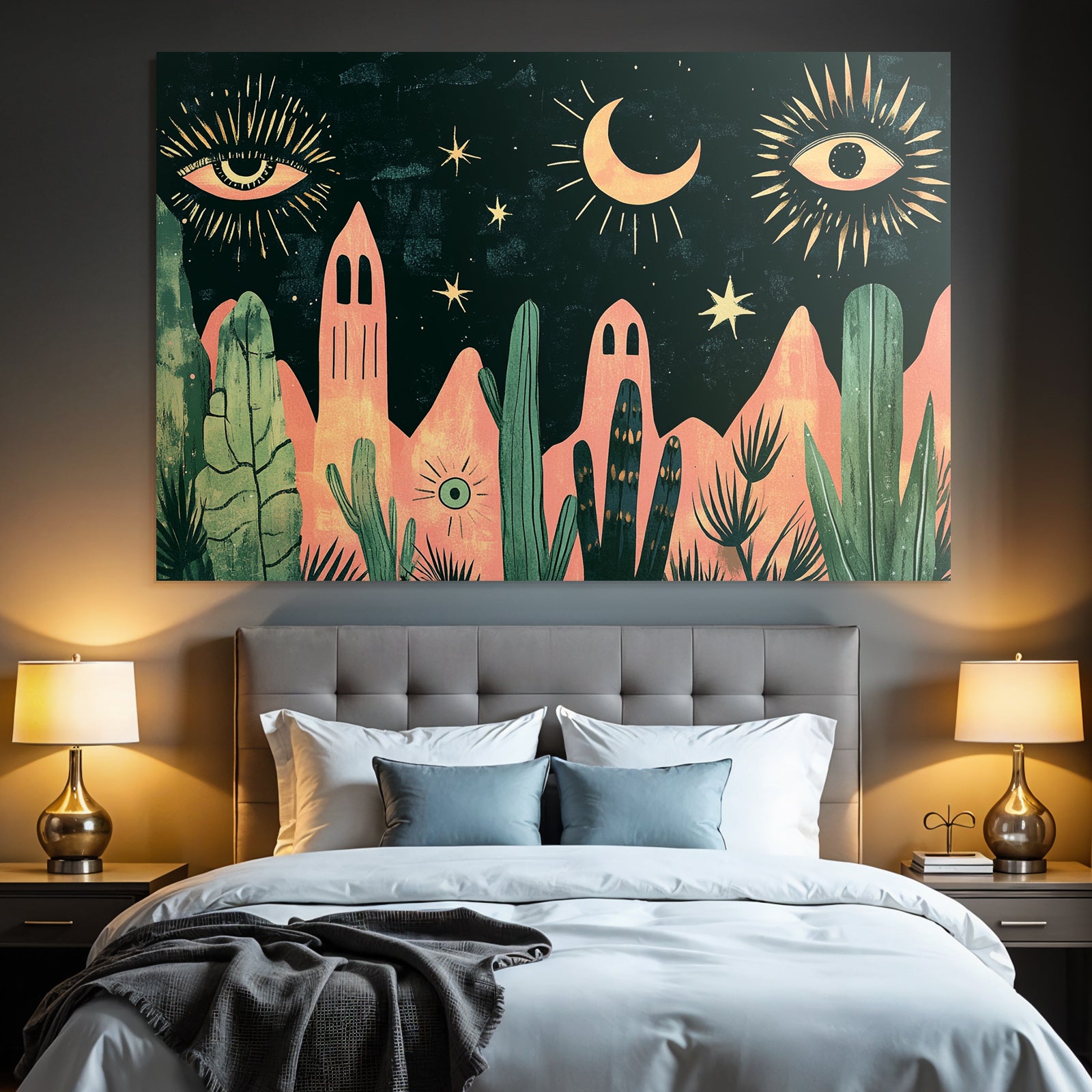 Illustration Nacht Himmel Mond Sterne Augen Pflanzen Berge