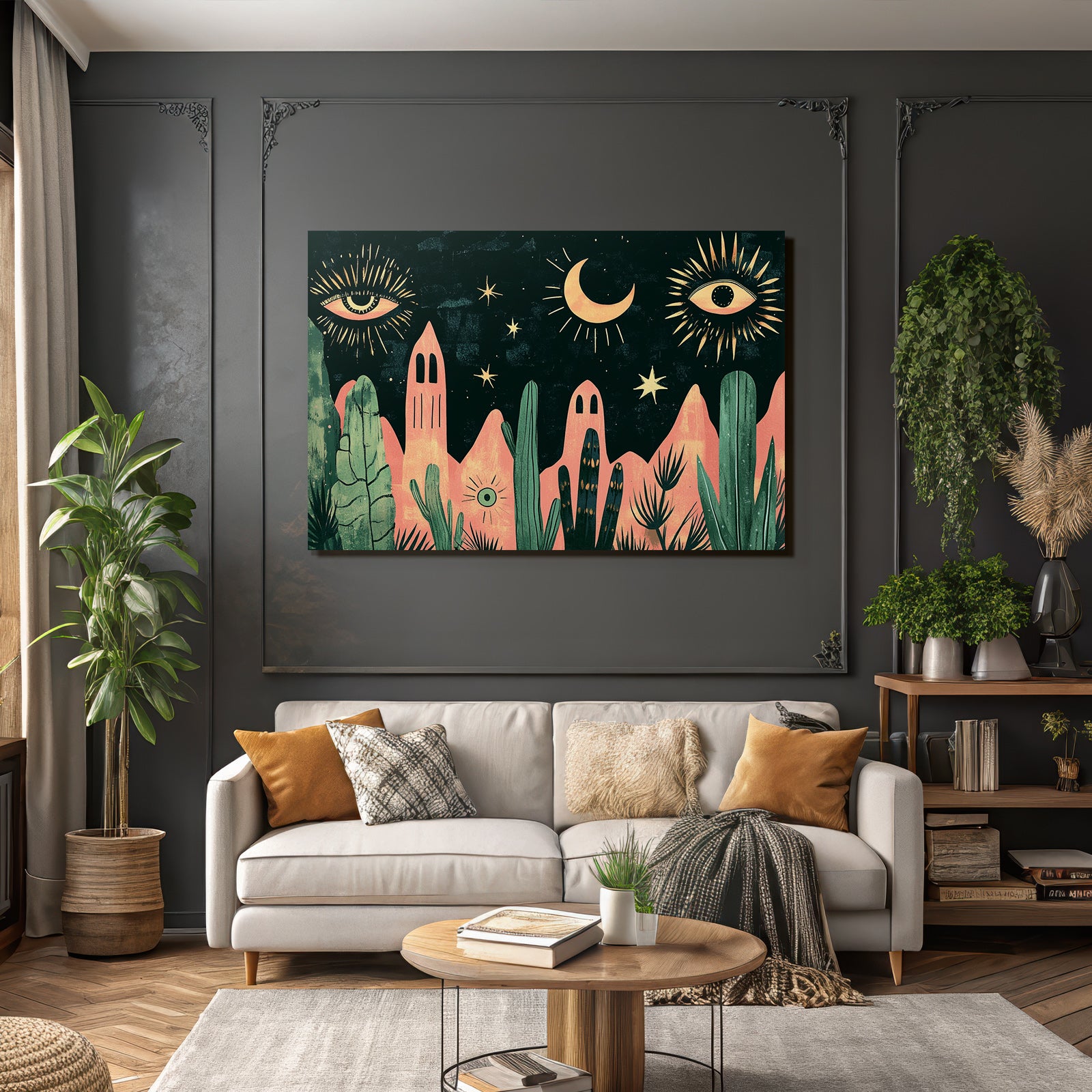 Illustration Nacht Himmel Mond Sterne Augen Pflanzen Berge