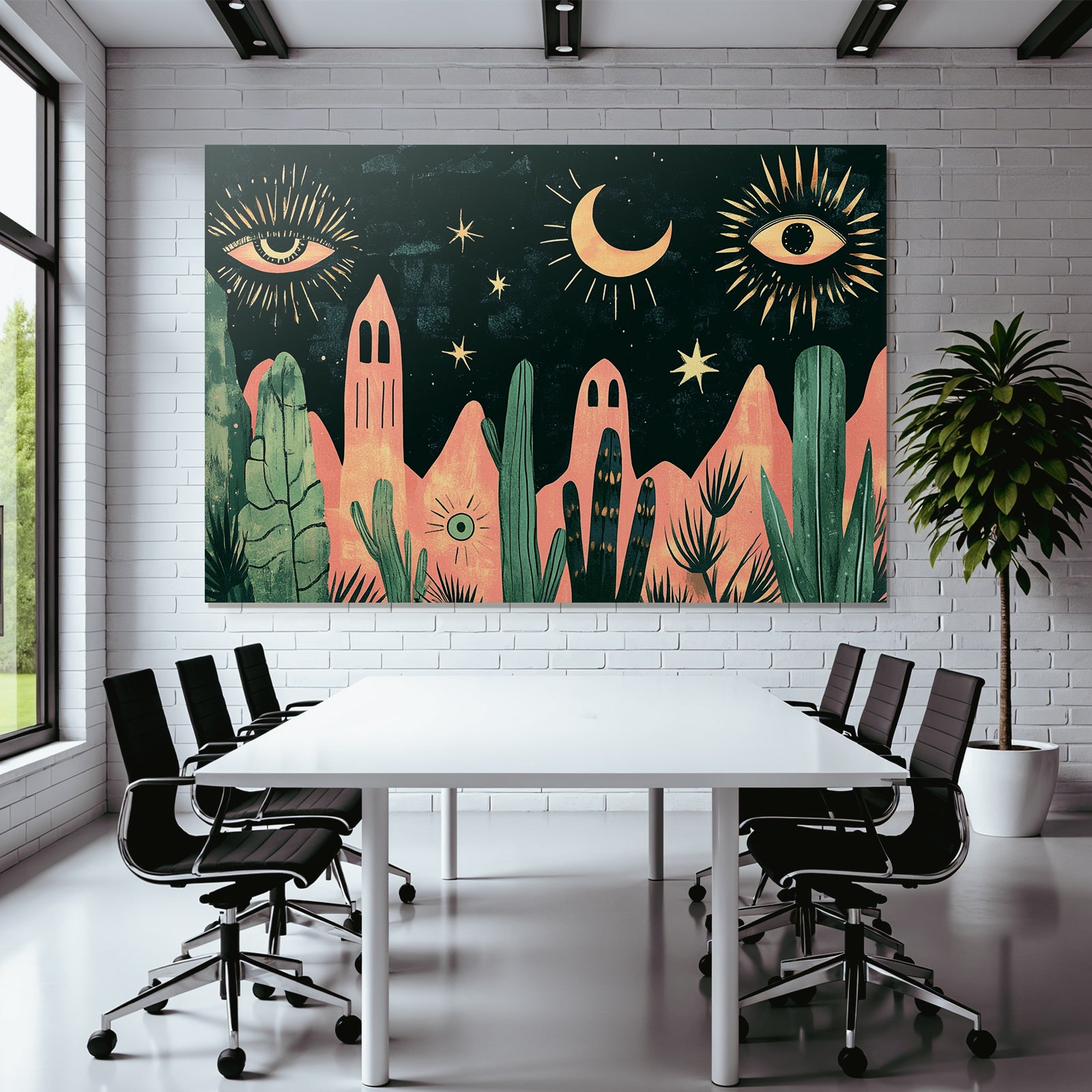 Illustration Nacht Himmel Mond Sterne Augen Pflanzen Berge