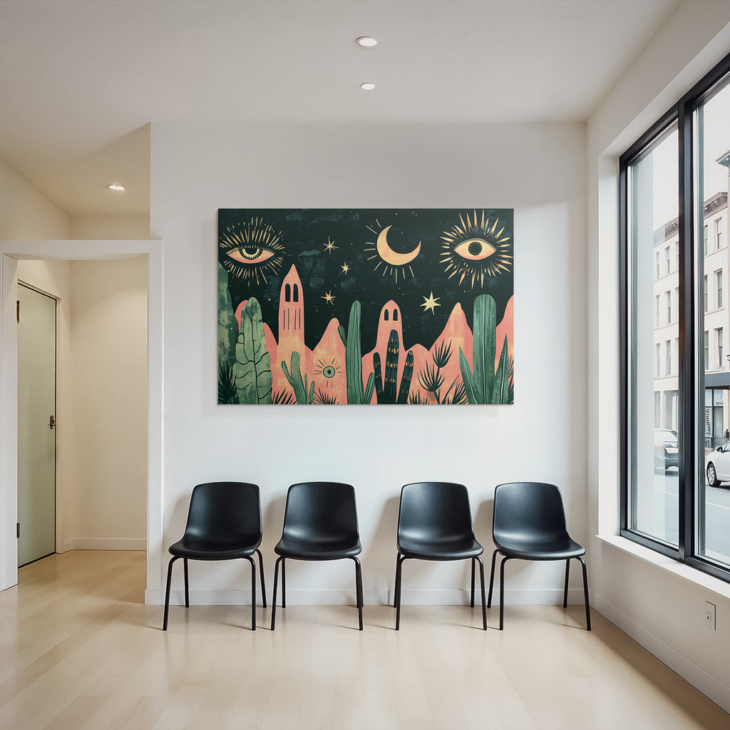 Illustration Nacht Himmel Mond Sterne Augen Pflanzen Berge